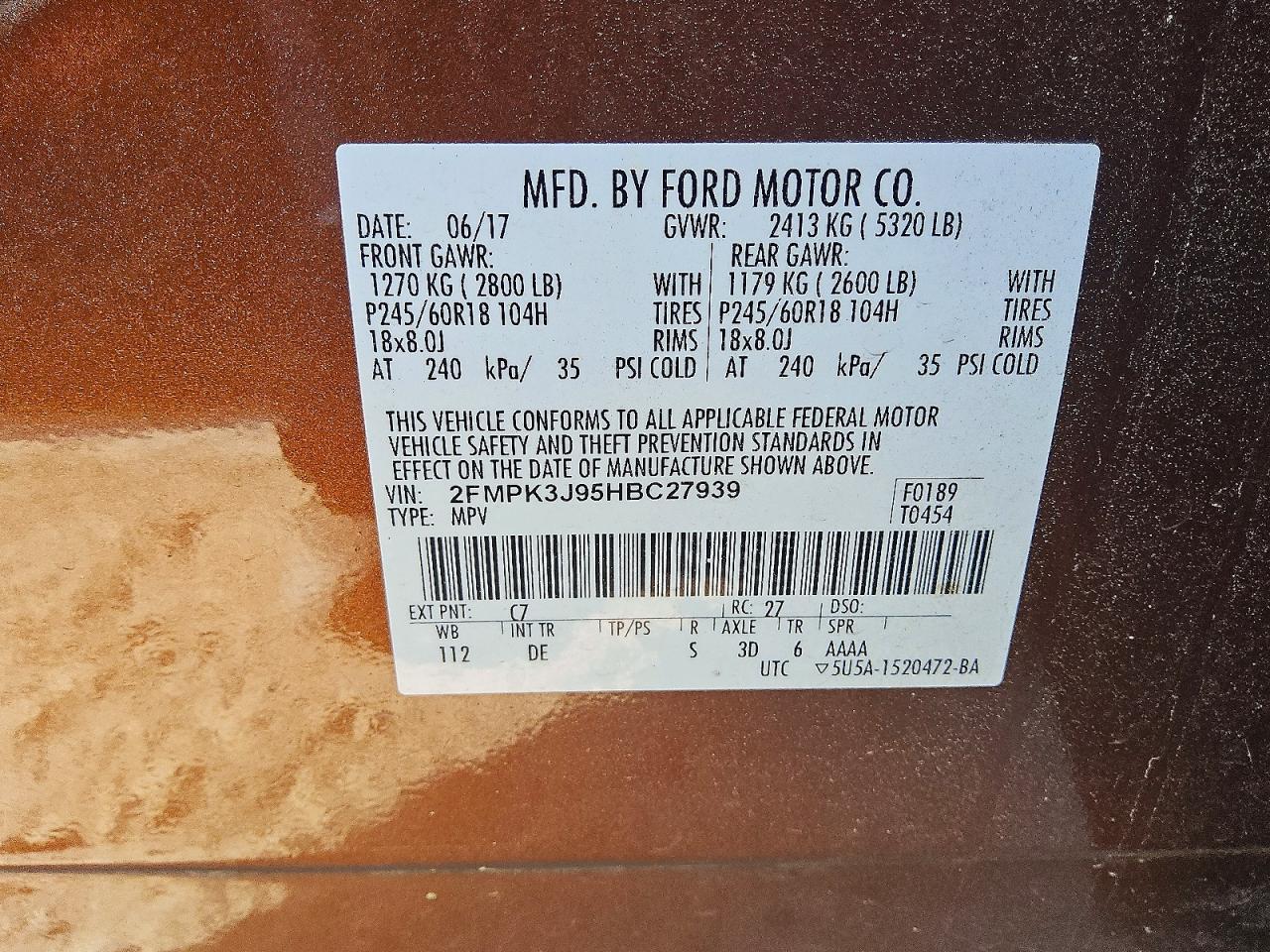 2017 Ford Edge Sel Orange vin: 2FMPK3J95HBC27939