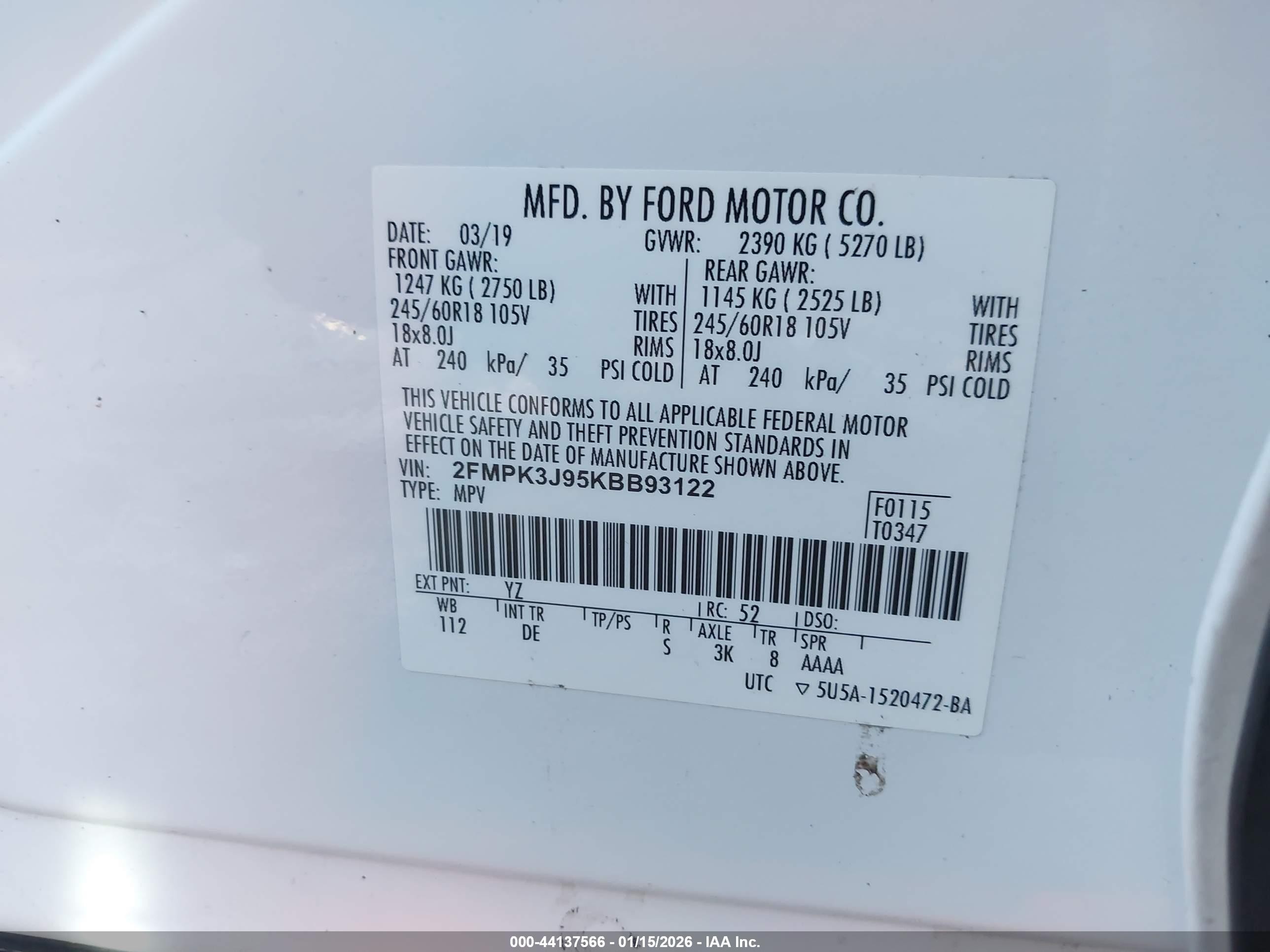 2019 Ford Edge Sel White vin: 2FMPK3J95KBB93122