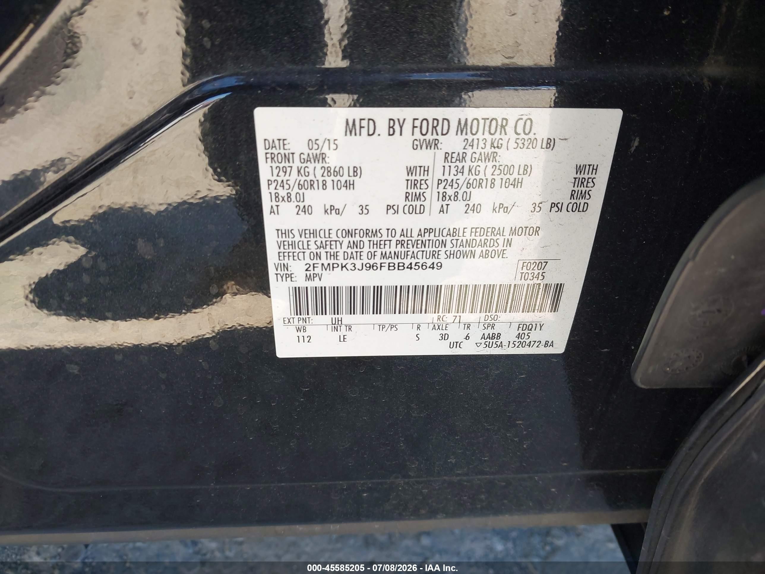 2015 Ford Edge Sel Black vin: 2FMPK3J96FBB45649