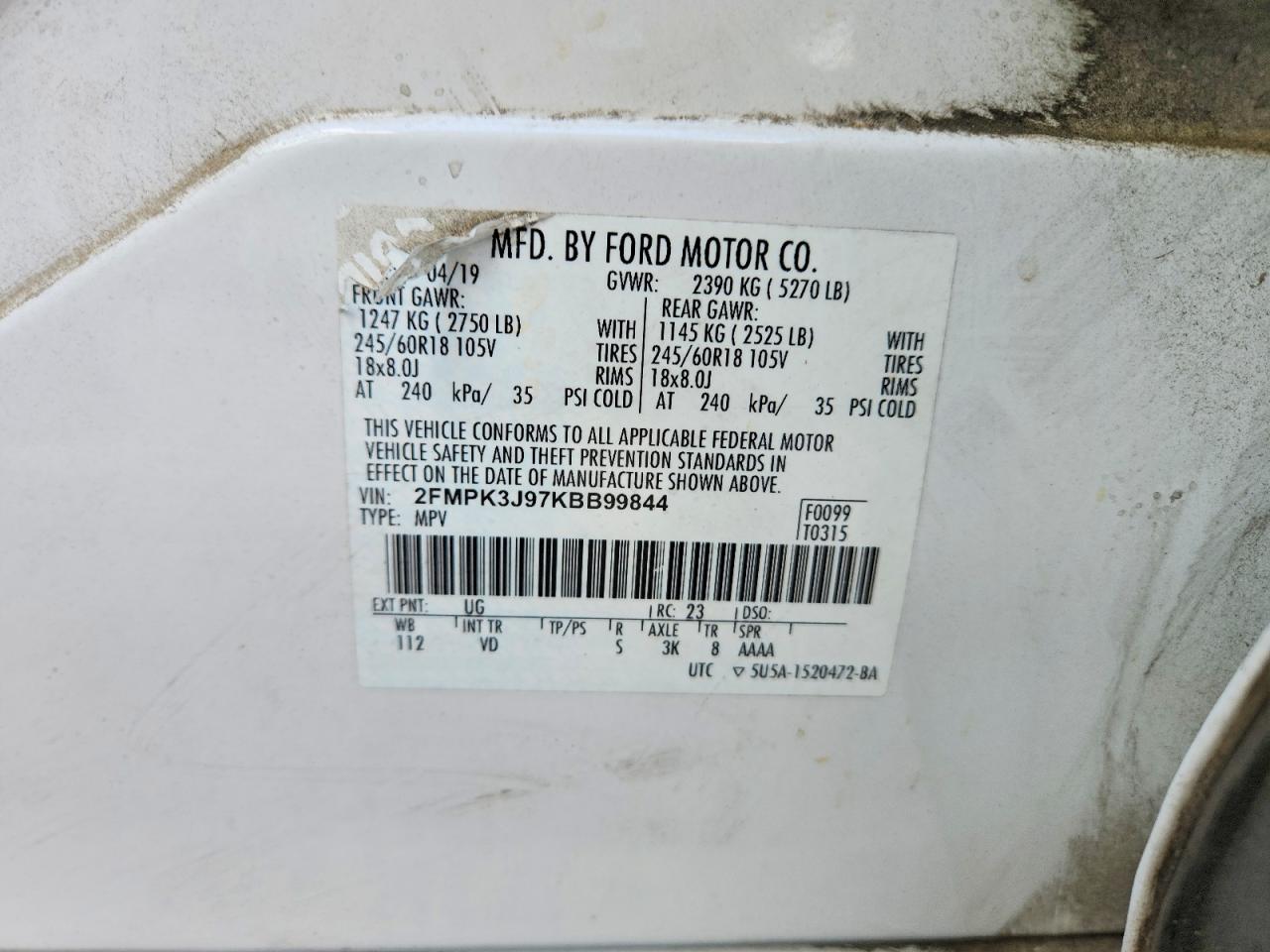 2019 Ford Edge Sel White vin: 2FMPK3J97KBB99844