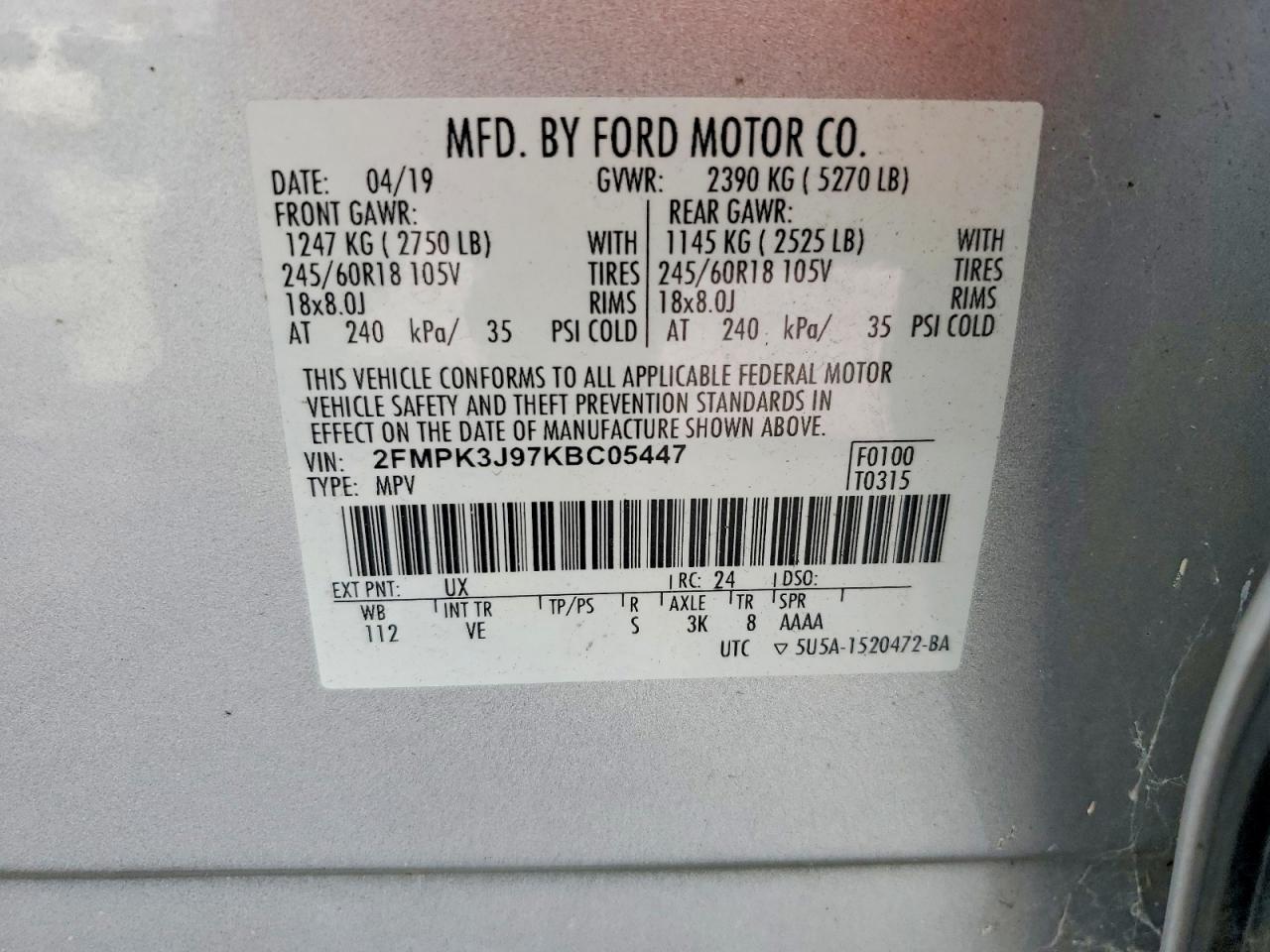 2019 Ford Edge Sel Silver vin: 2FMPK3J97KBC05447