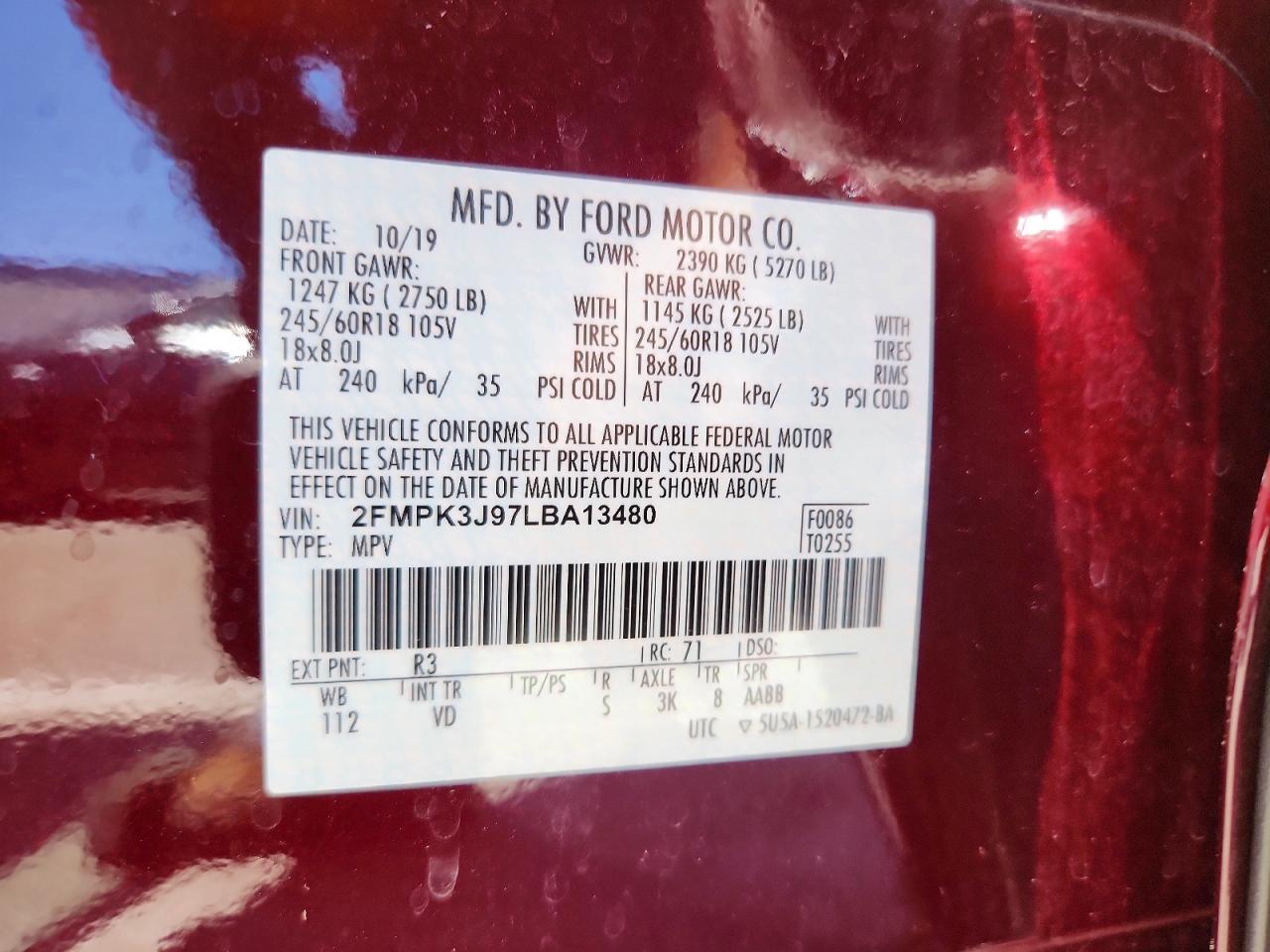 2020 Ford Edge Sel Burgundy vin: 2FMPK3J97LBA13480