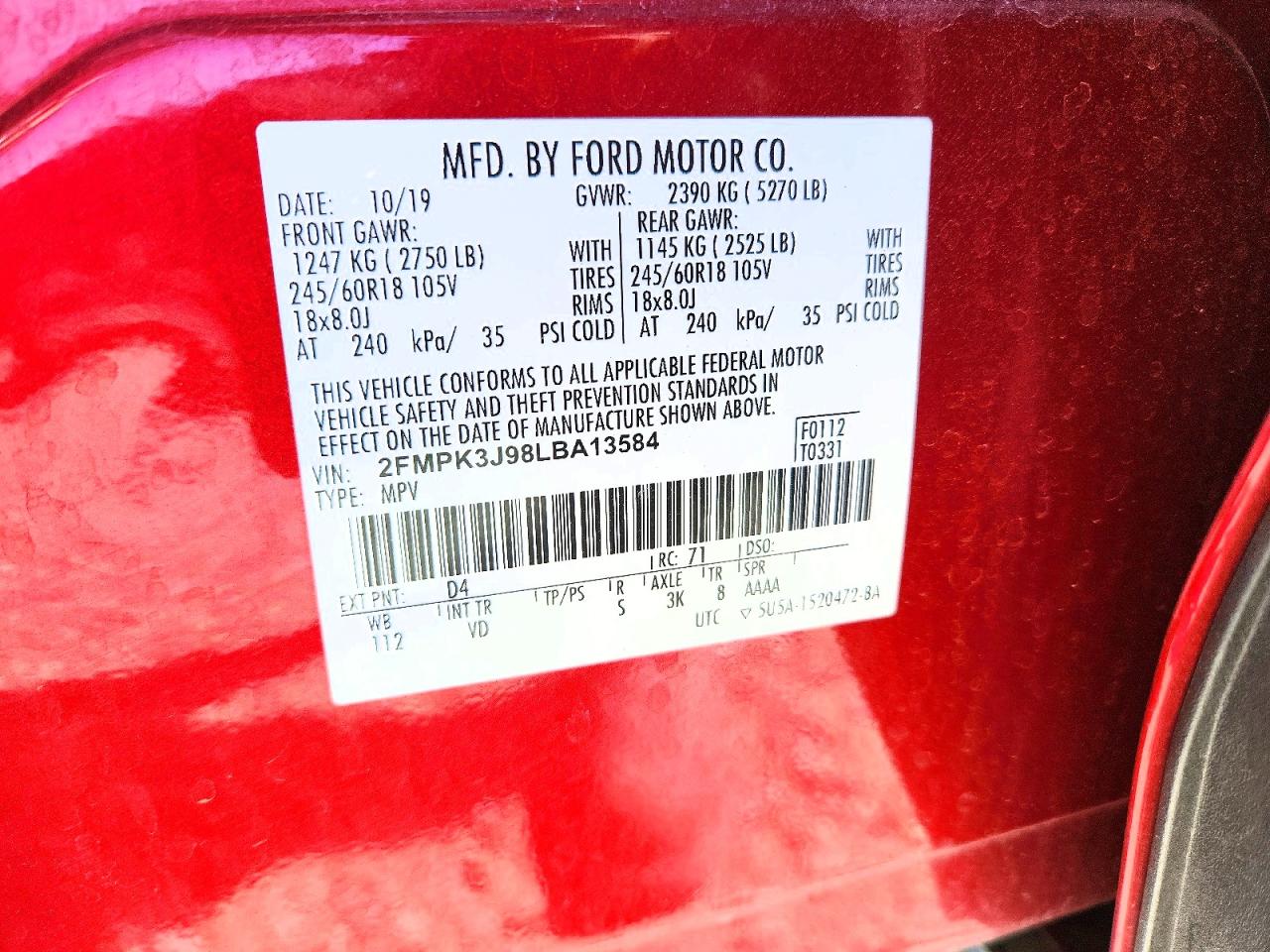 2020 Ford Edge Sel Red vin: 2FMPK3J98LBA13584