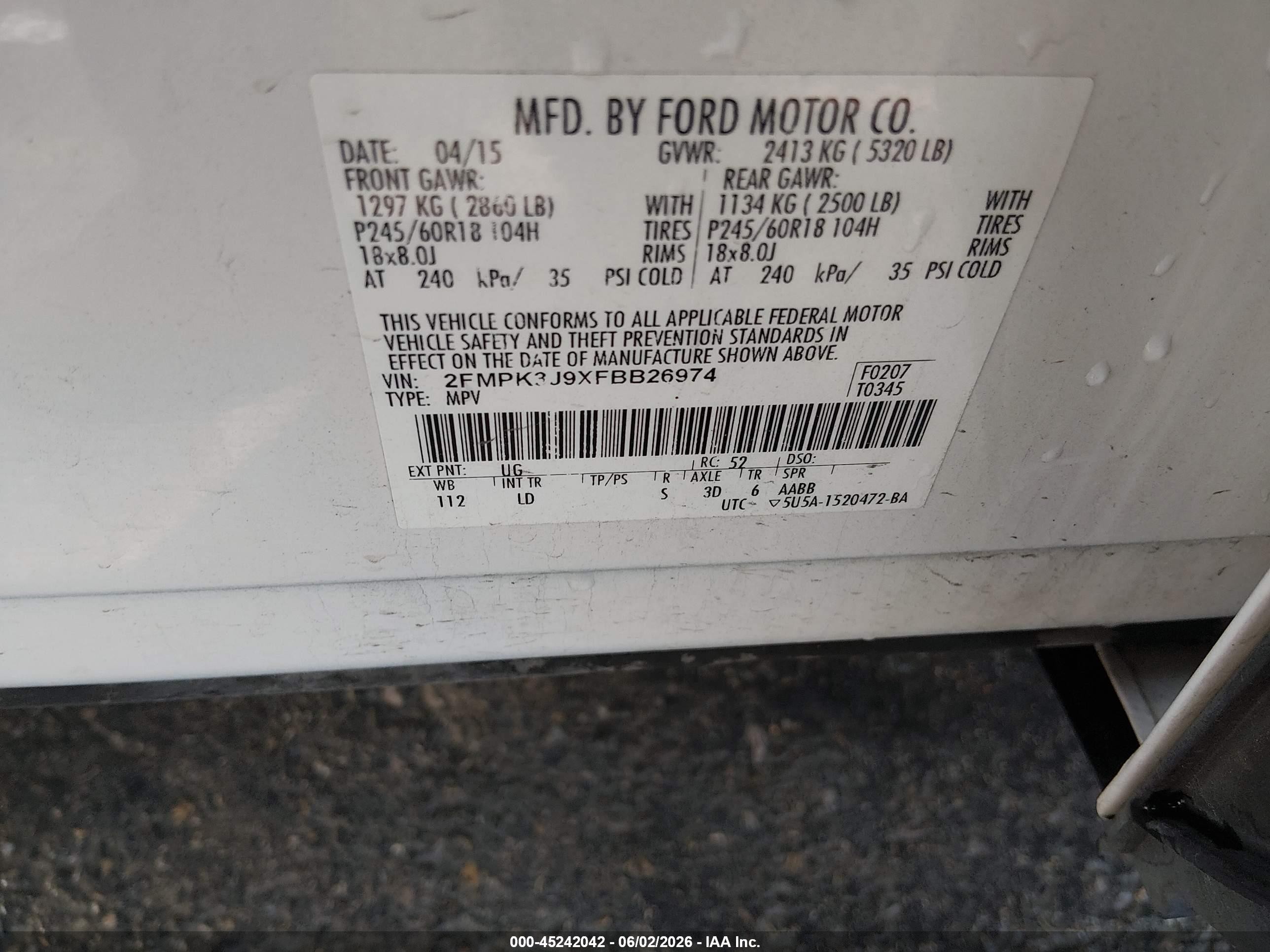 2015 Ford Edge Sel White vin: 2FMPK3J9XFBB26974