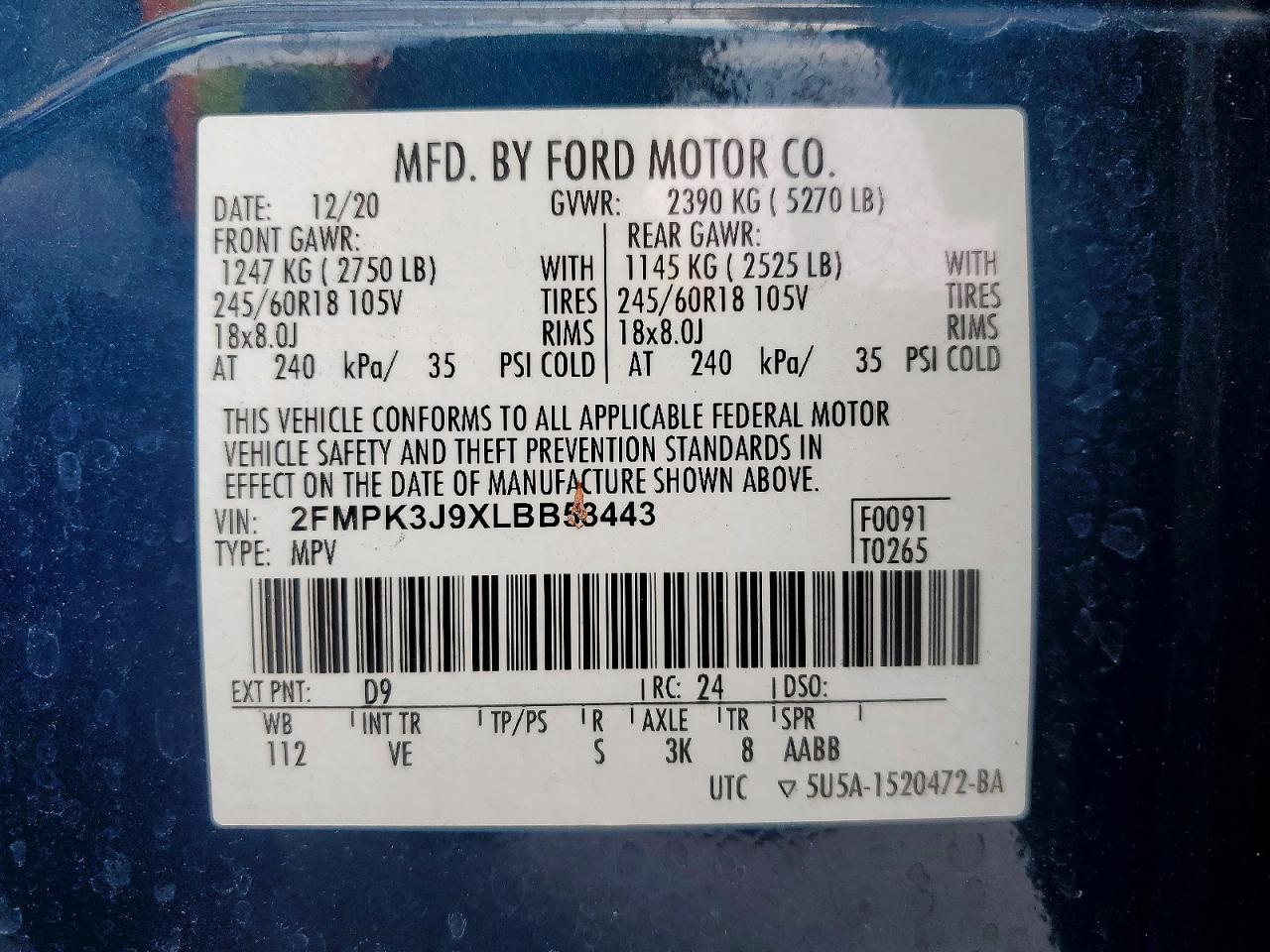 2020 Ford Edge Sel Blue vin: 2FMPK3J9XLBB53443