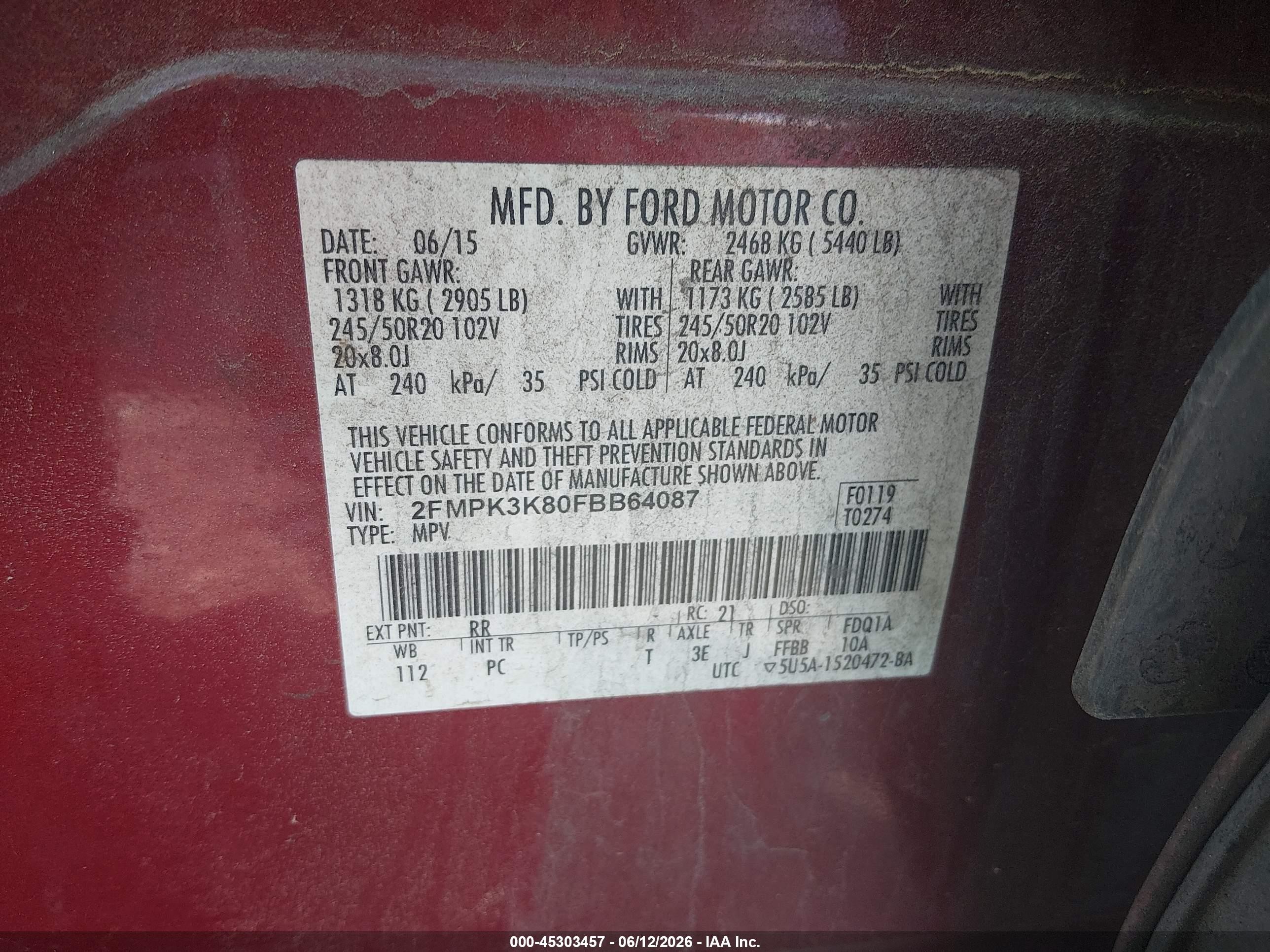 2015 Ford Edge Titanium Red vin: 2FMPK3K80FBB64087