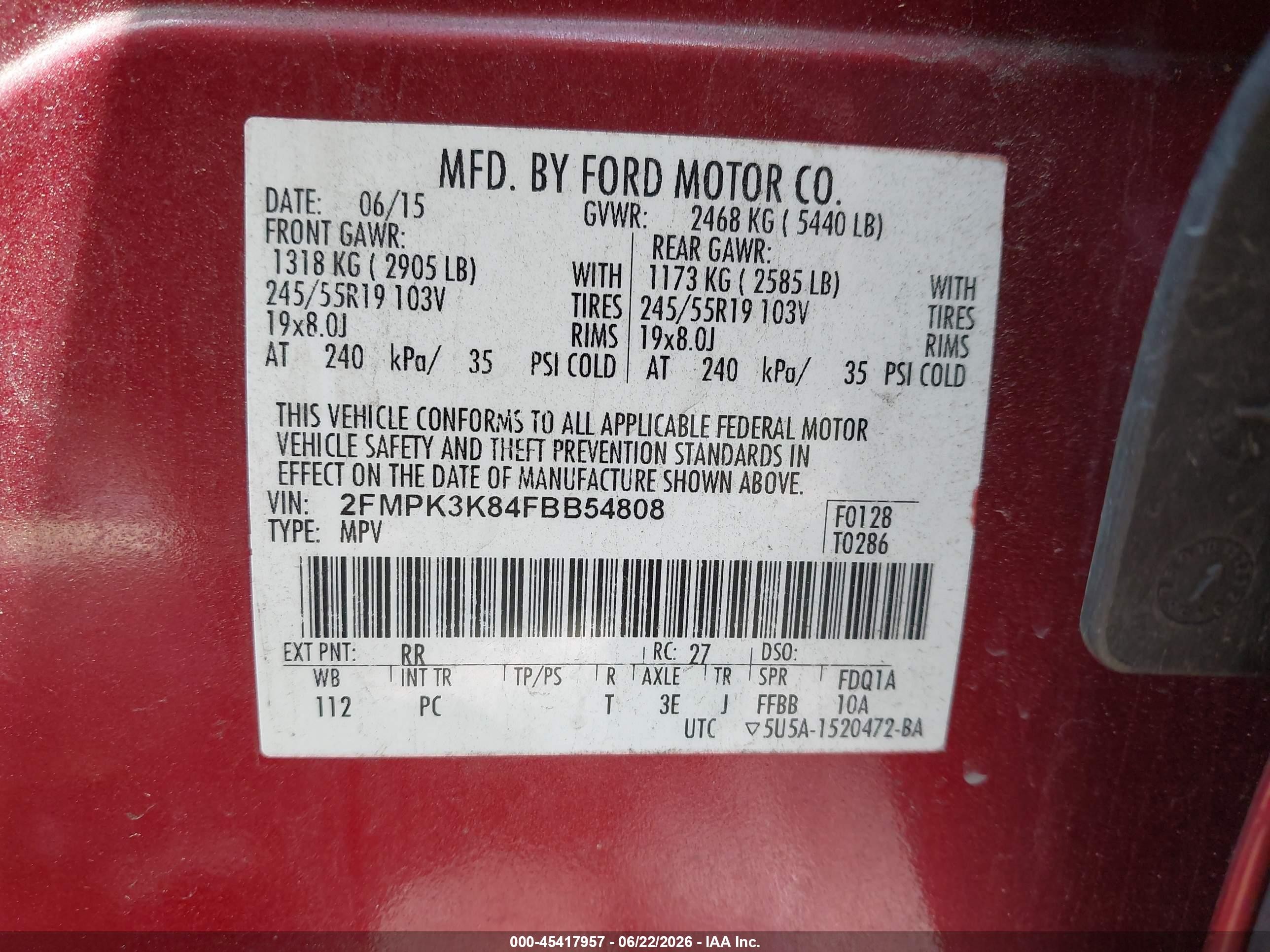 2015 Ford Edge Titanium Red vin: 2FMPK3K84FBB54808