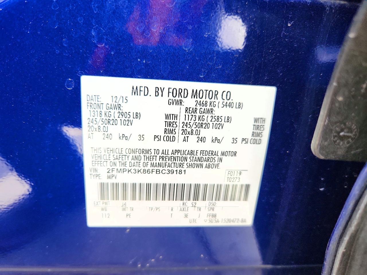 2015 Ford Edge Titanium Blue vin: 2FMPK3K86FBC39181