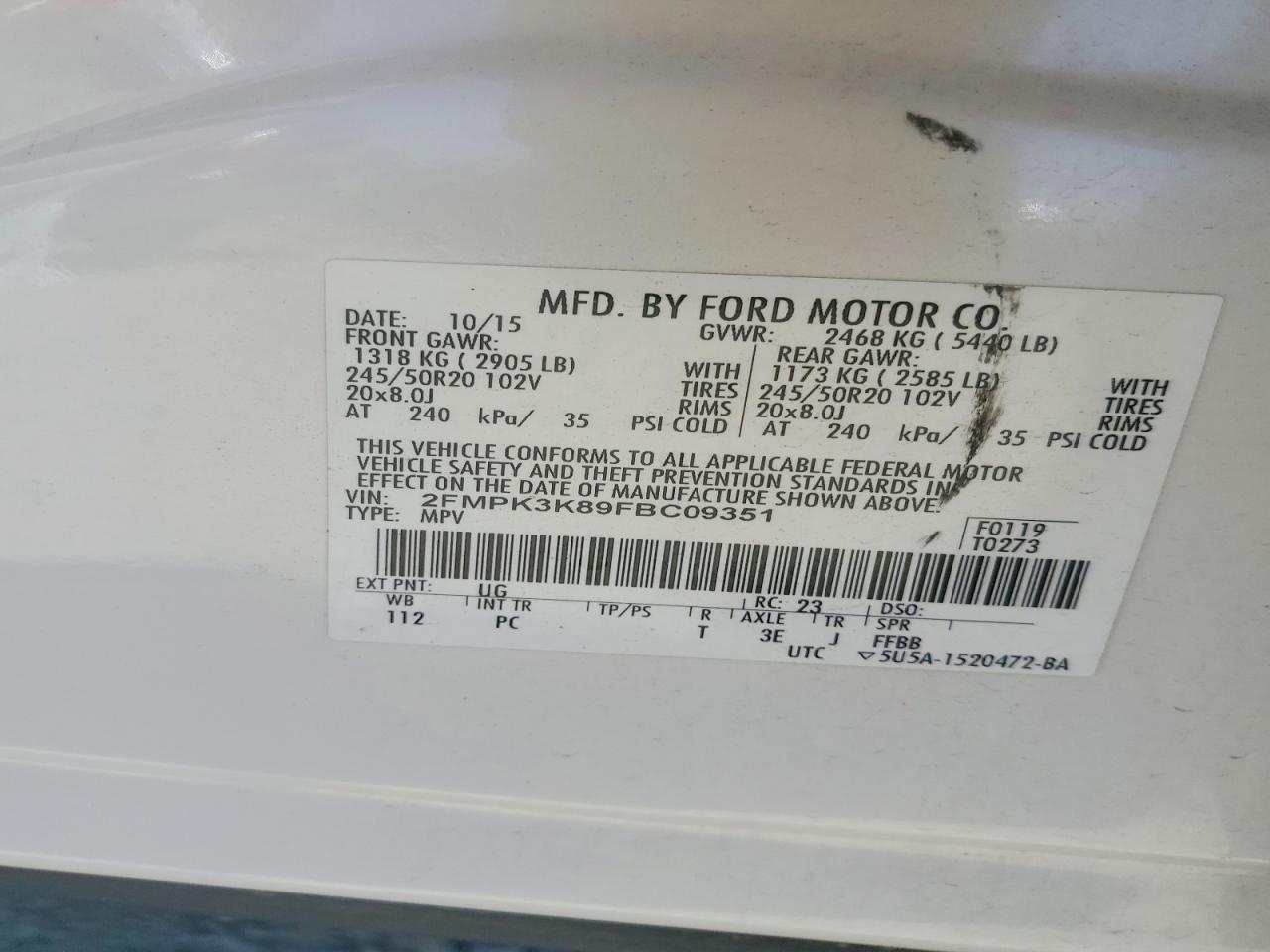 2015 Ford Edge Titanium White vin: 2FMPK3K89FBC09351