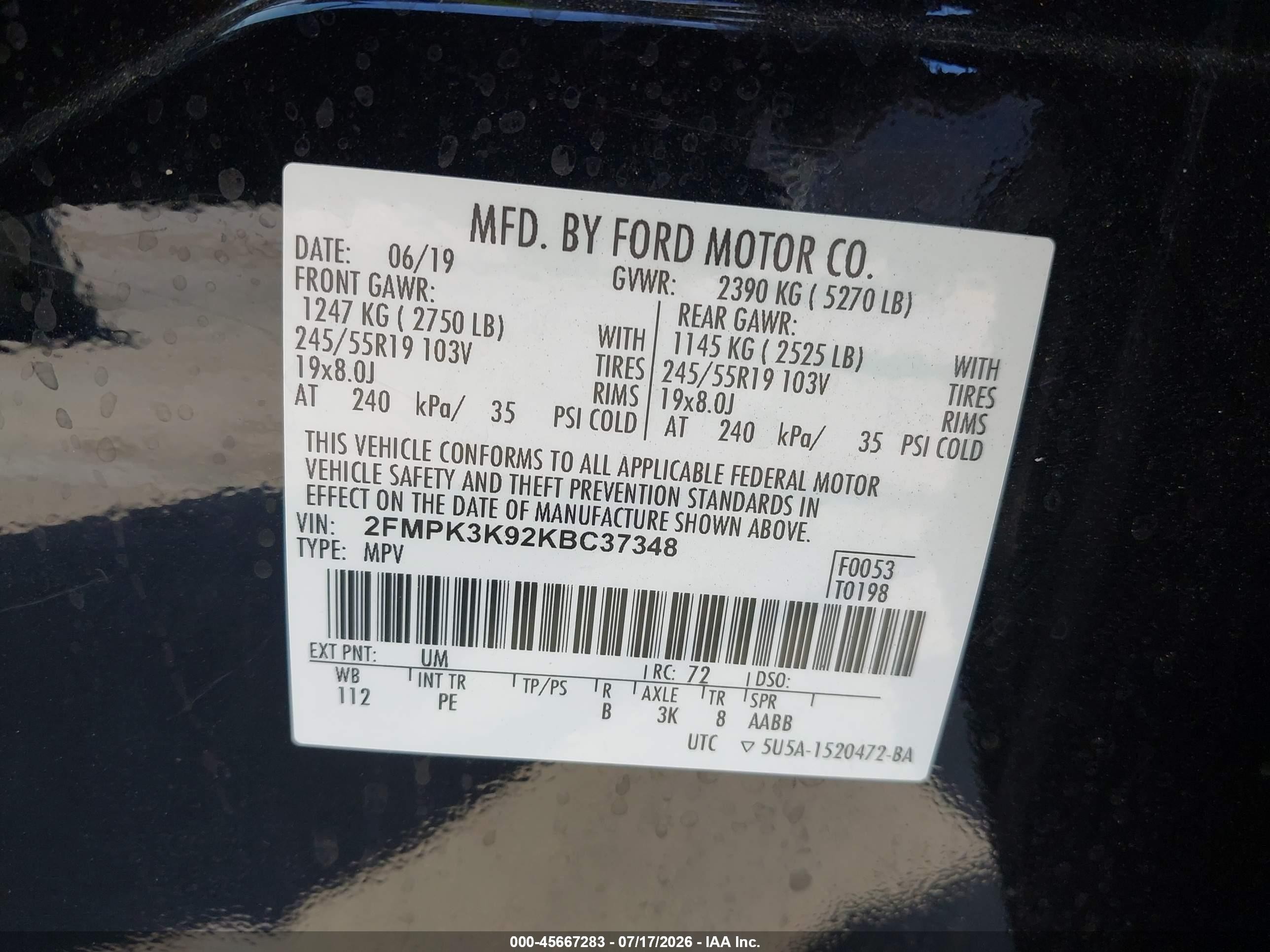 2019 Ford Edge Titanium Black vin: 2FMPK3K92KBC37348