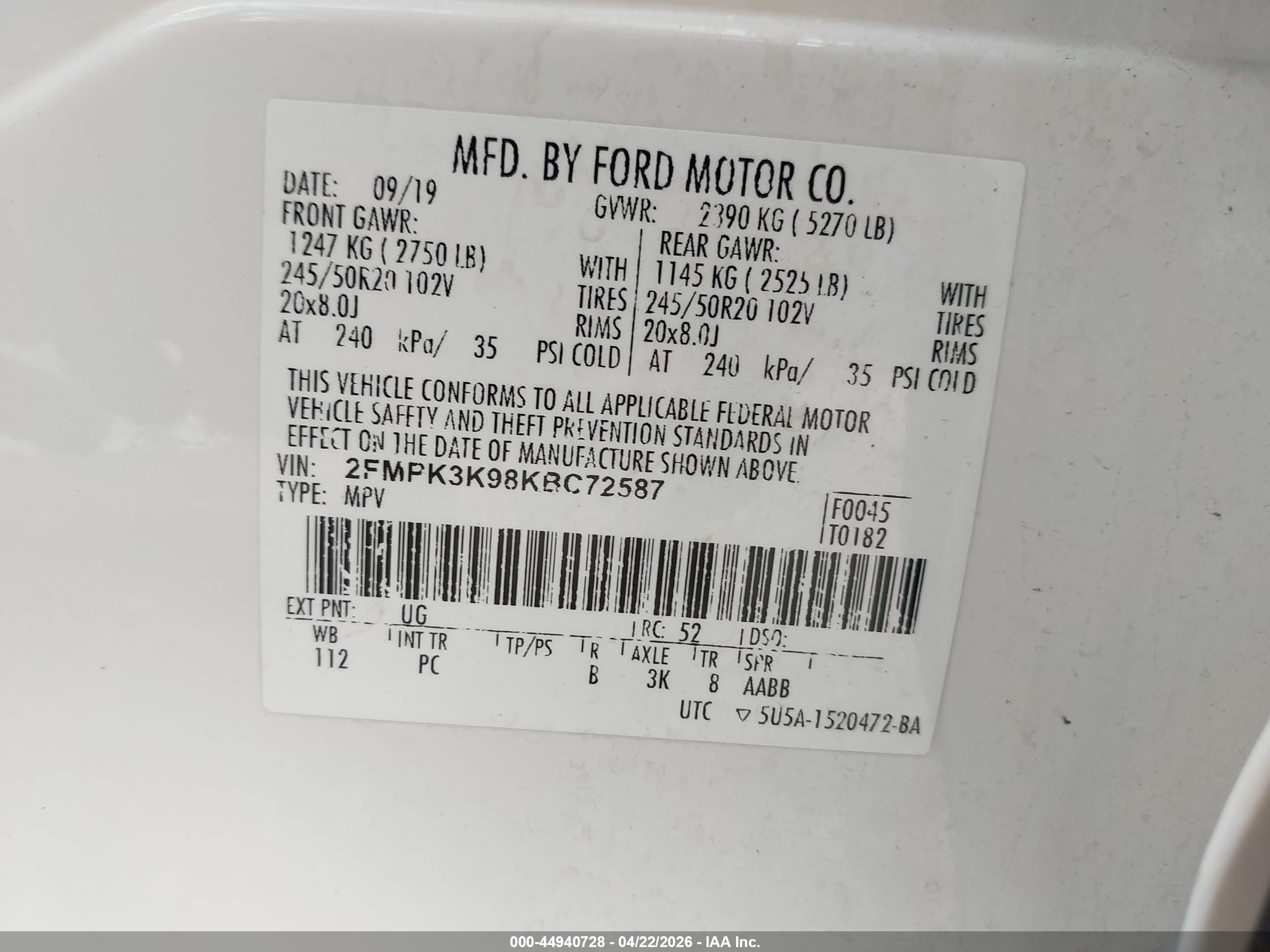 2019 Ford Edge Titanium White vin: 2FMPK3K98KBC72587