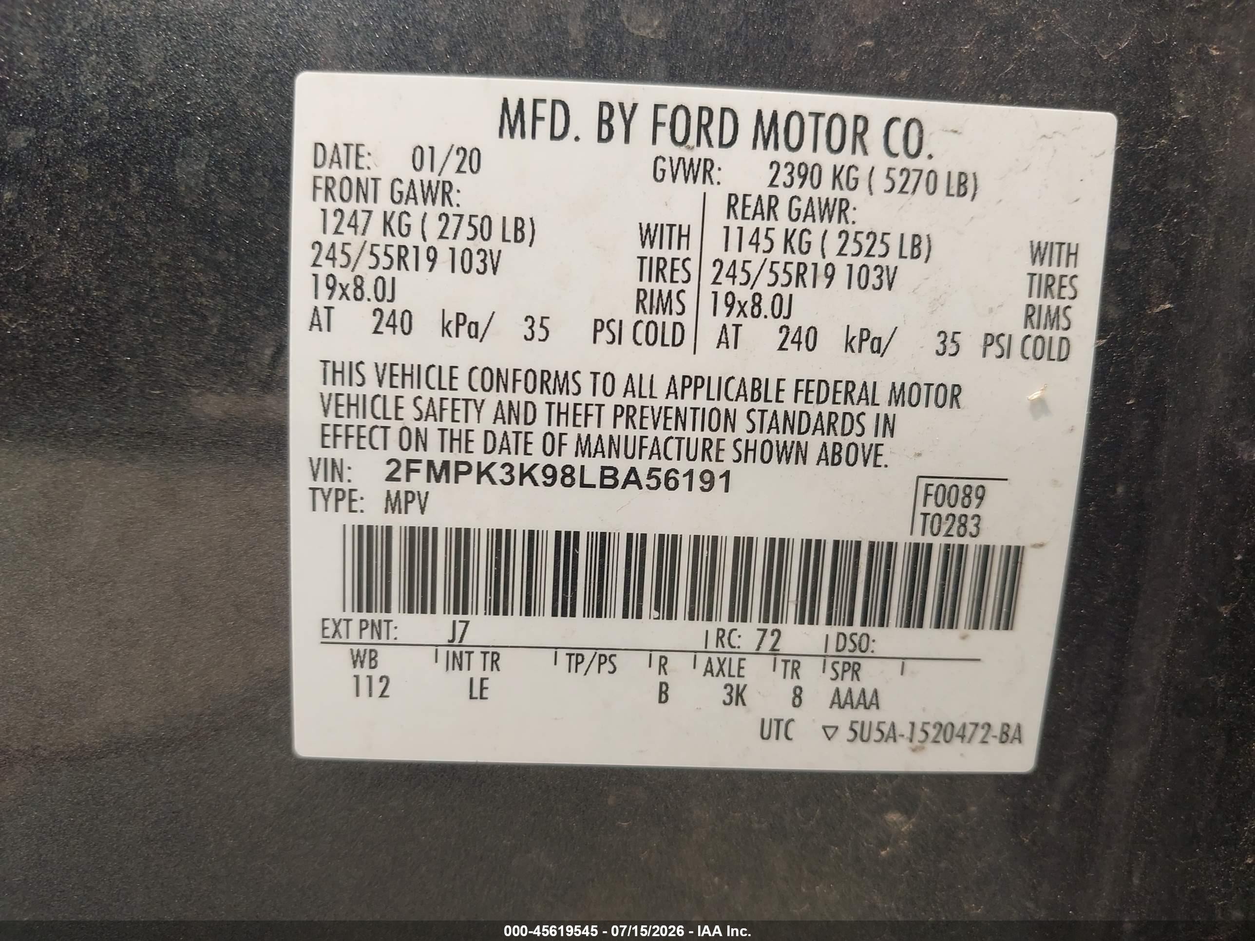 2020 Ford Edge Titanium Gray vin: 2FMPK3K98LBA56191