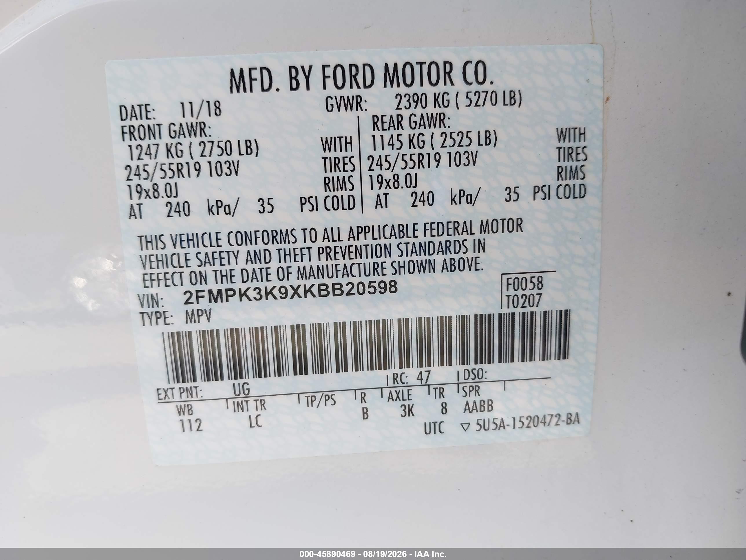 2019 Ford Edge Titanium White vin: 2FMPK3K9XKBB20598