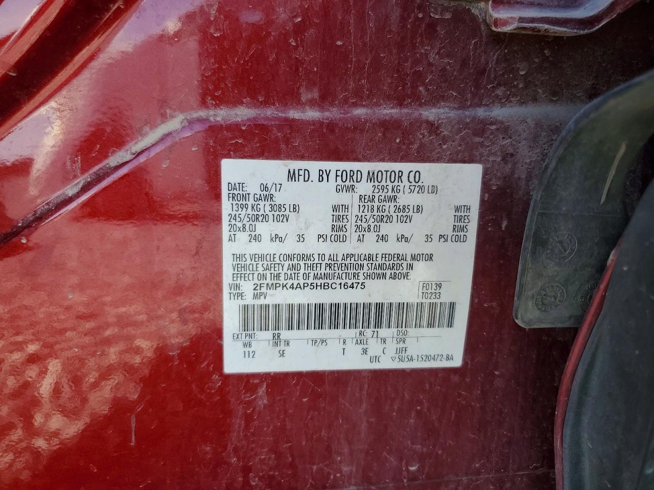 2017 Ford Edge Sport Red vin: 2FMPK4AP5HBC16475