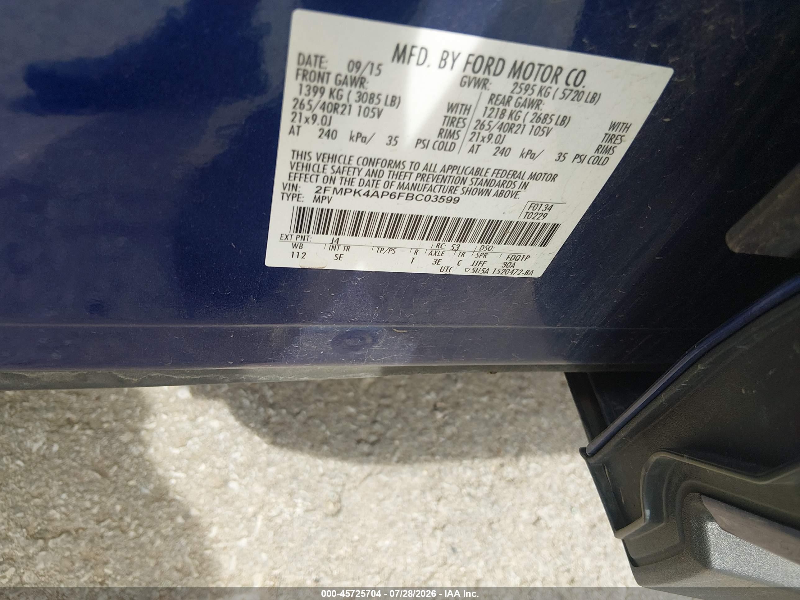 2015 Ford Edge Sport Blue vin: 2FMPK4AP6FBC03599