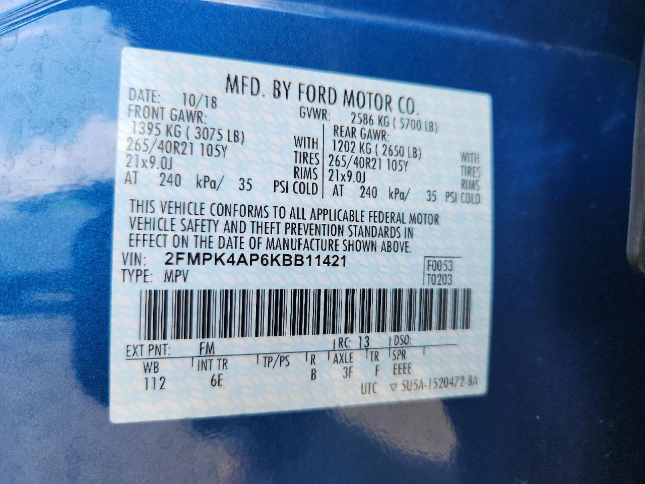 2019 Ford Edge St Blue vin: 2FMPK4AP6KBB11421