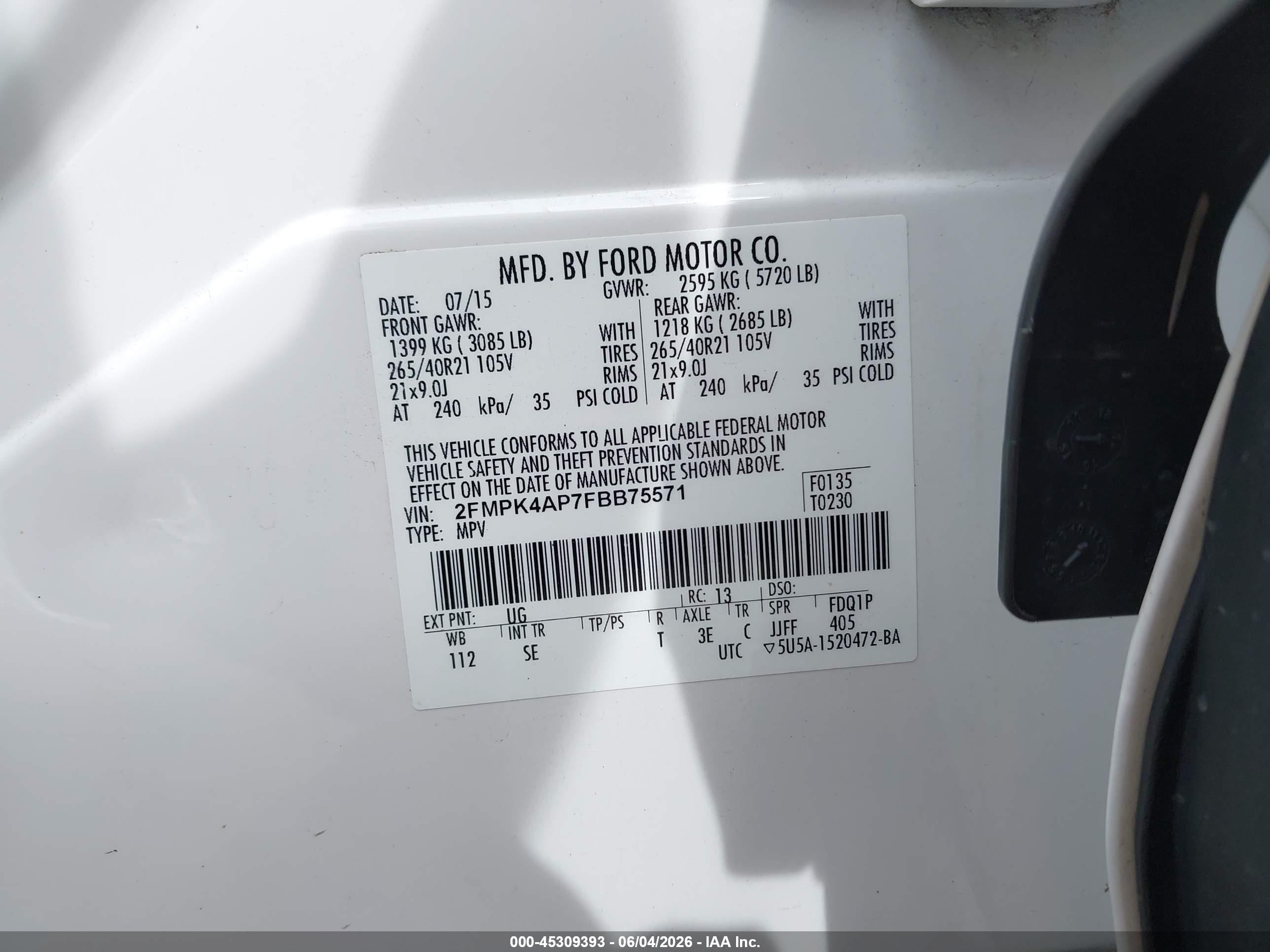 2015 Ford Edge Sport White vin: 2FMPK4AP7FBB75571