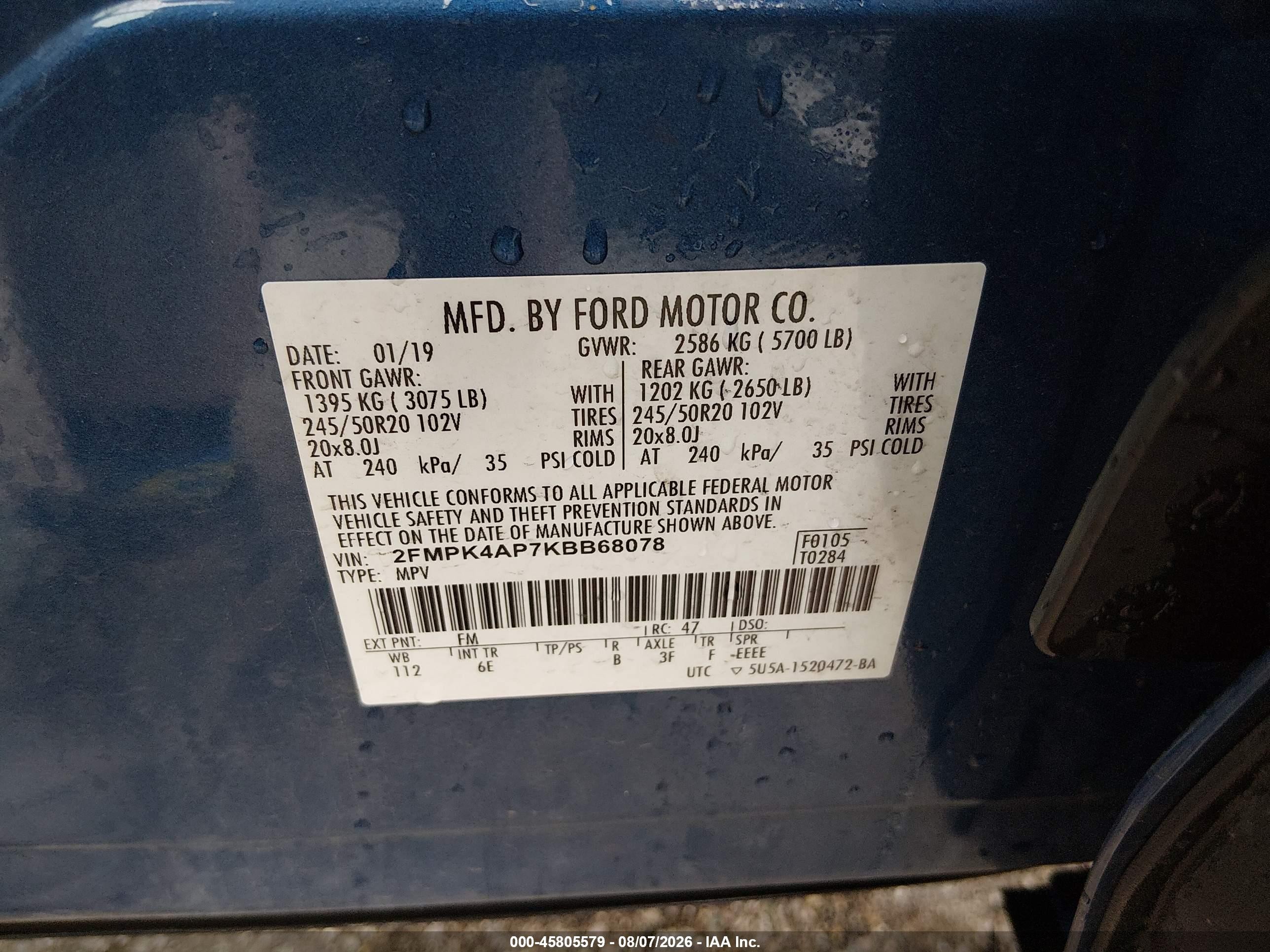 2019 Ford Edge St Blue vin: 2FMPK4AP7KBB68078