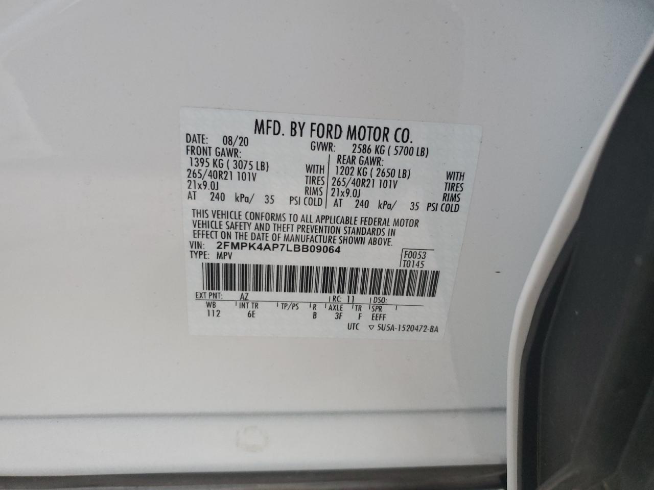 2020 Ford Edge St White vin: 2FMPK4AP7LBB09064
