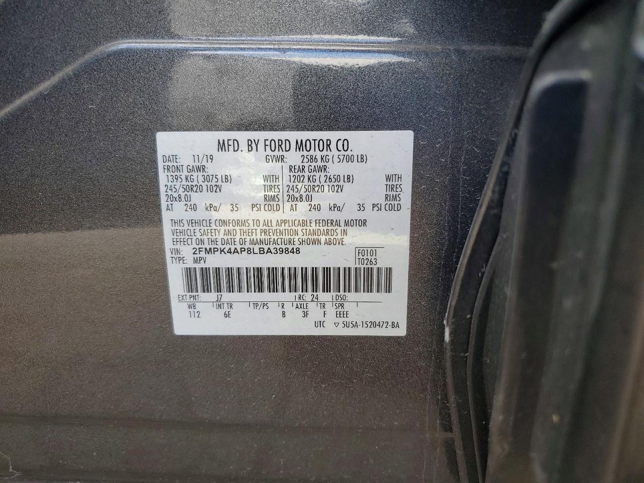 2020 Ford Edge St Gray vin: 2FMPK4AP8LBA39848