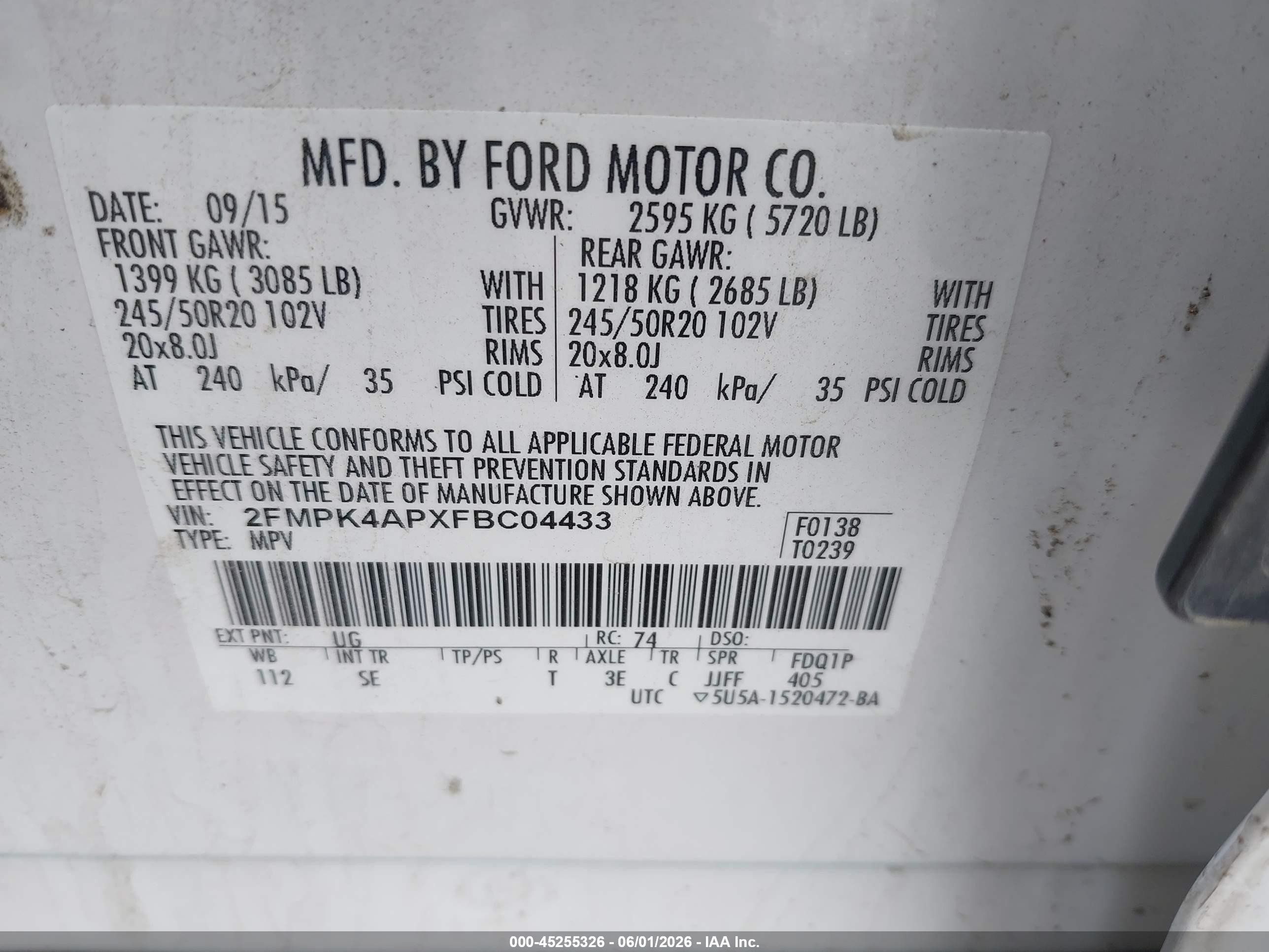 2015 Ford Edge Sport White vin: 2FMPK4APXFBC04433