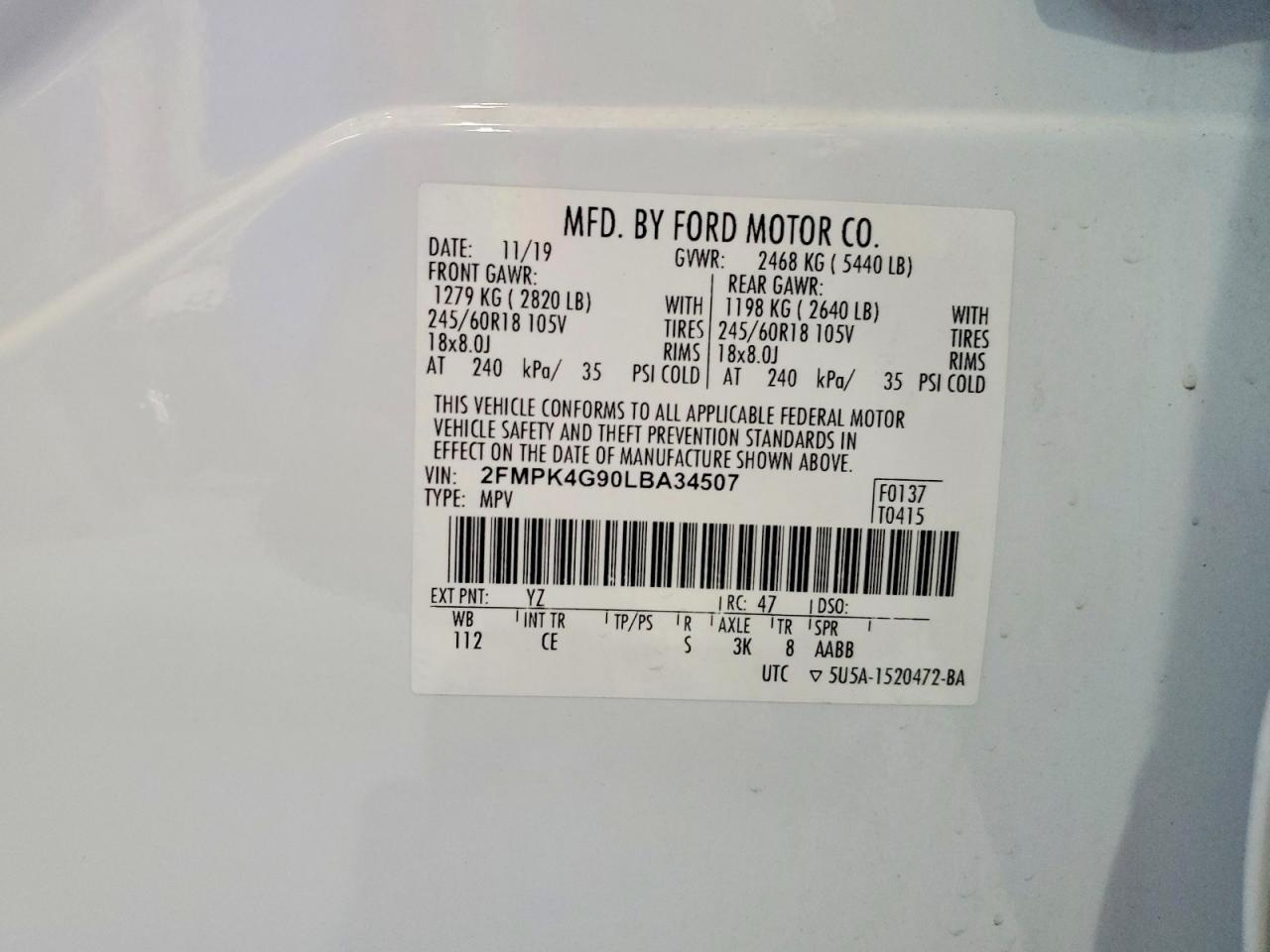 2020 Ford Edge Se White vin: 2FMPK4G90LBA34507