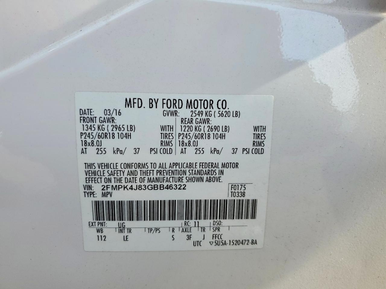2016 Ford Edge Sel White vin: 2FMPK4J83GBB46322