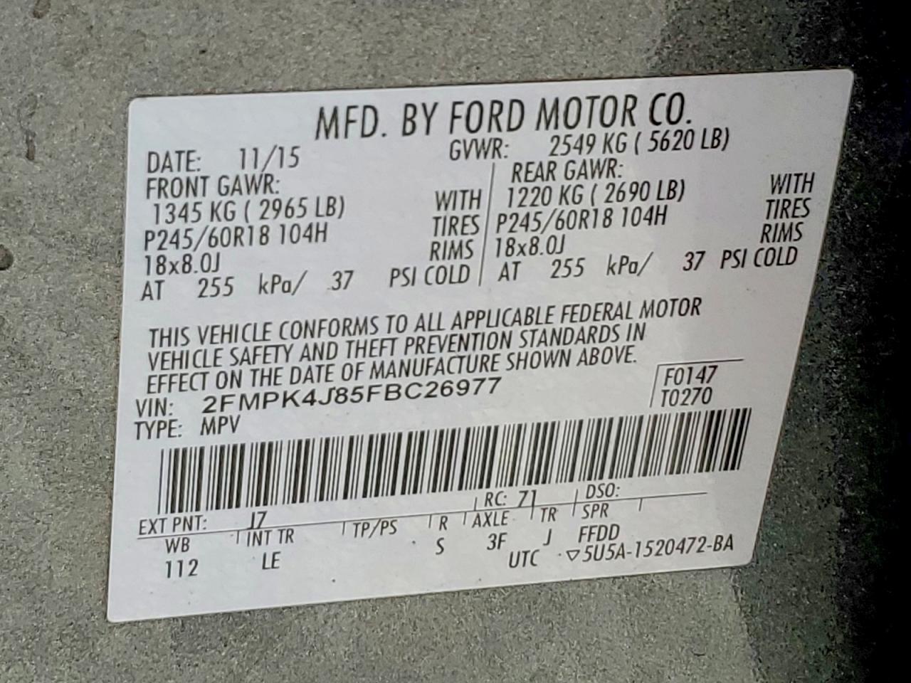 2015 Ford Edge Sel Charcoal vin: 2FMPK4J85FBC26977