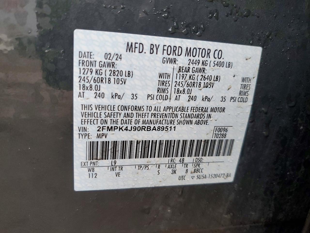 2024 Ford Edge Sel Charcoal vin: 2FMPK4J90RBA89511