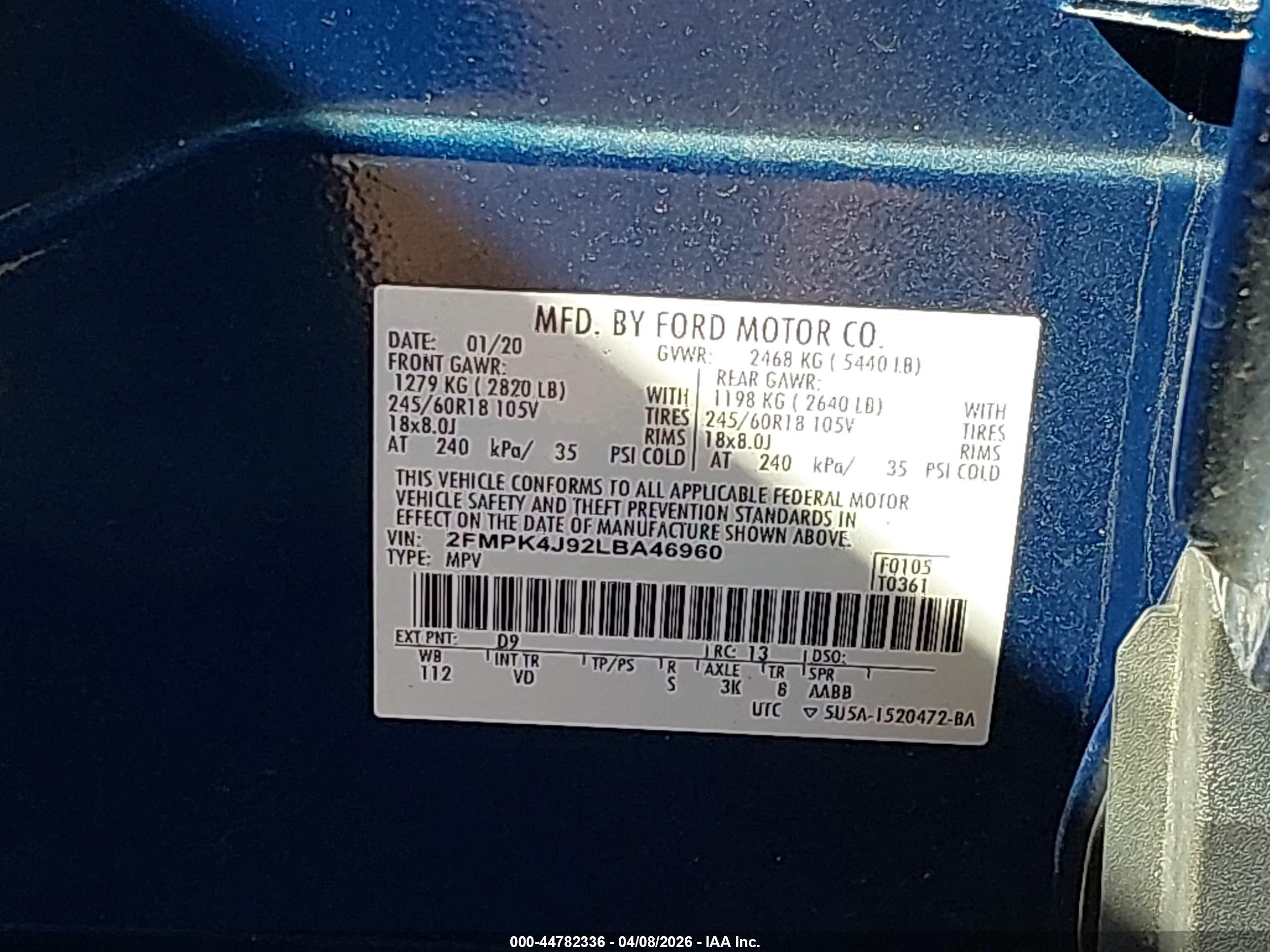 2020 Ford Edge Sel Blue vin: 2FMPK4J92LBA46960