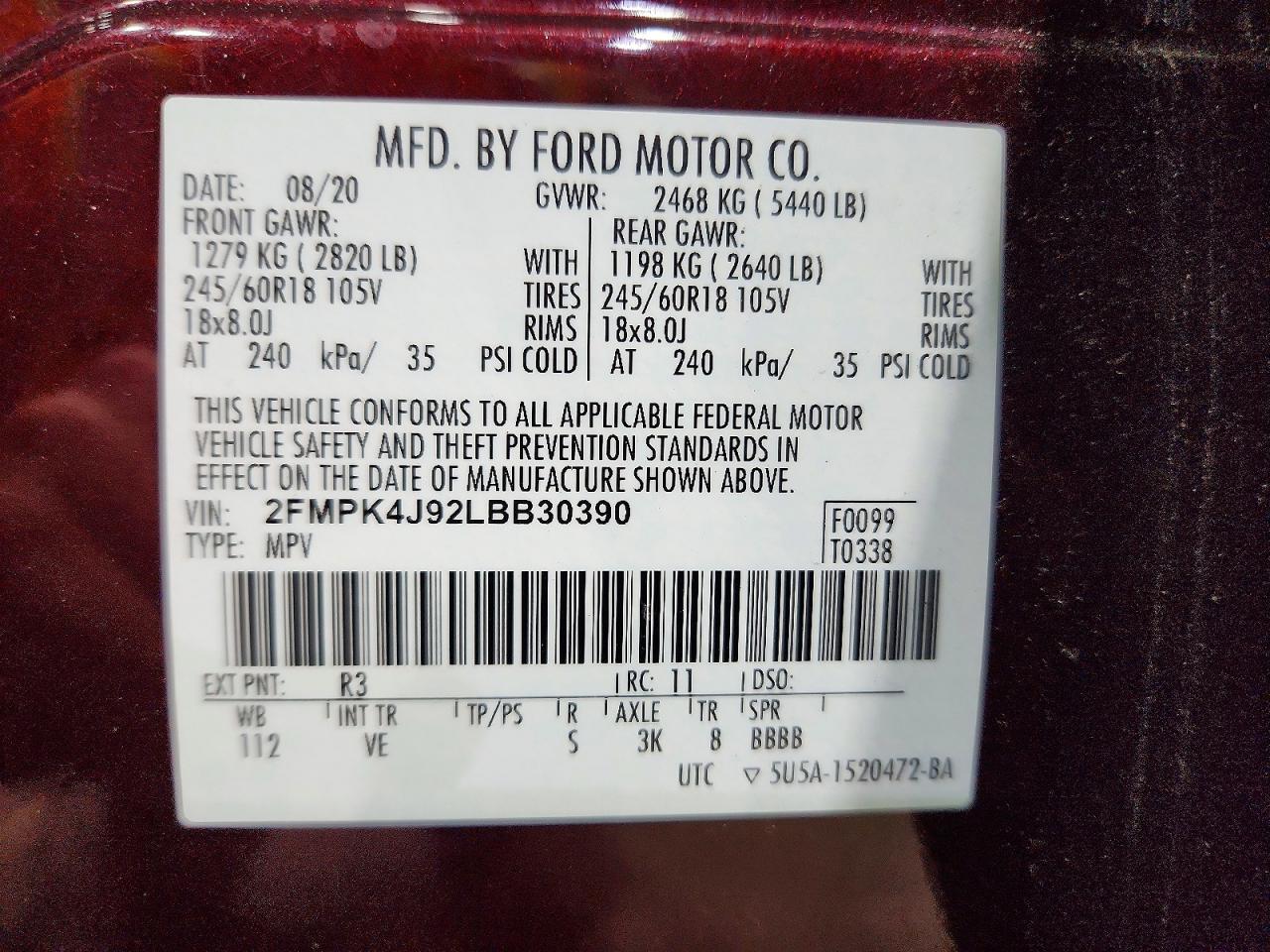 2020 Ford Edge Sel Maroon vin: 2FMPK4J92LBB30390