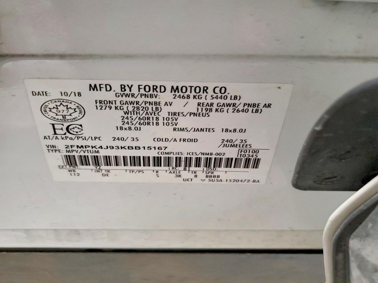 2019 Ford Edge Sel White vin: 2FMPK4J93KBB15167