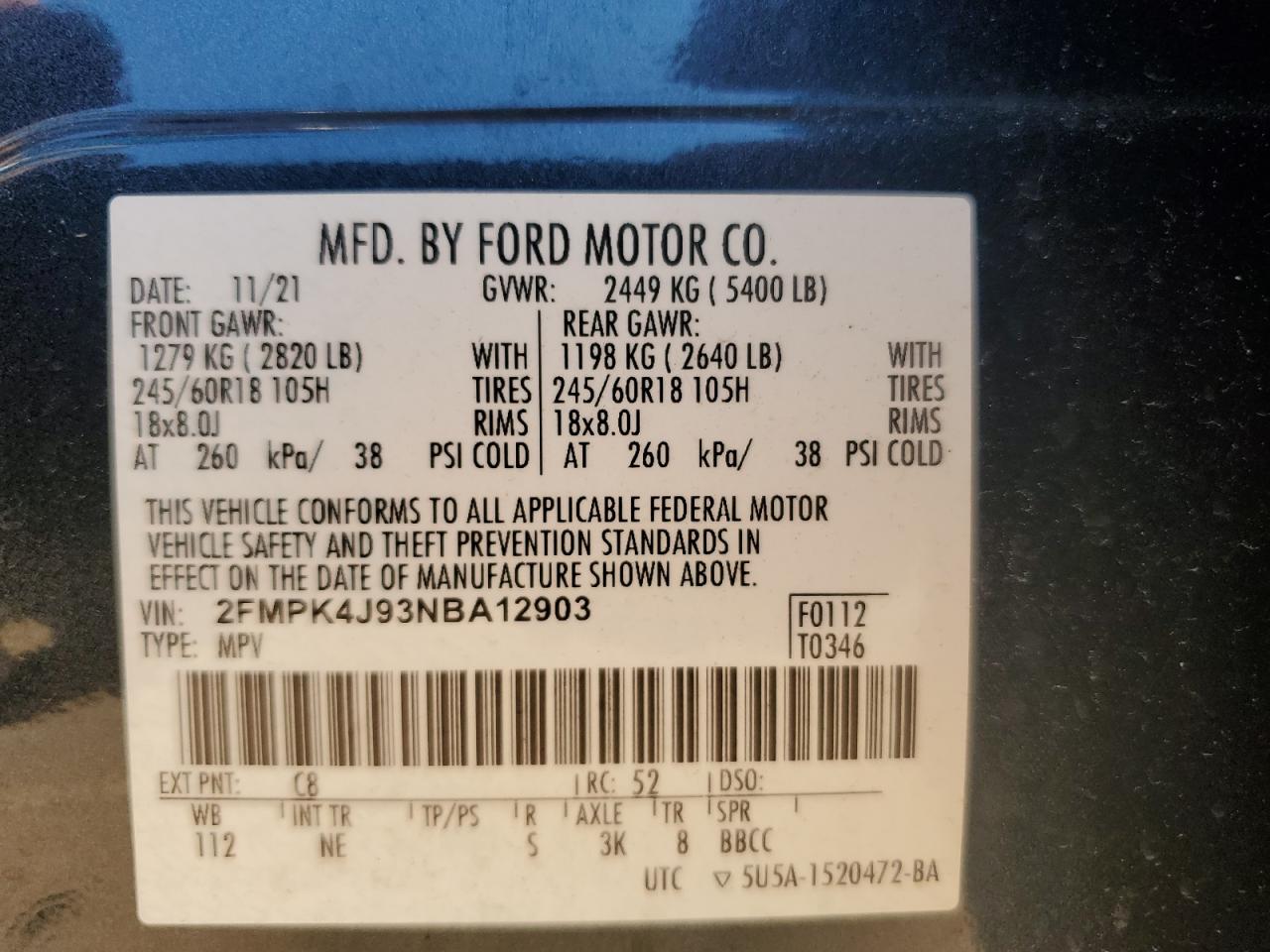 2022 Ford Edge Sel Charcoal vin: 2FMPK4J93NBA12903