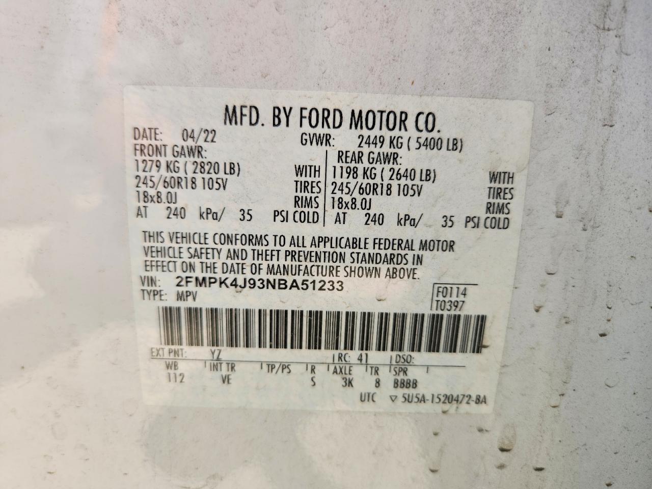 2022 Ford Edge Sel White vin: 2FMPK4J93NBA51233