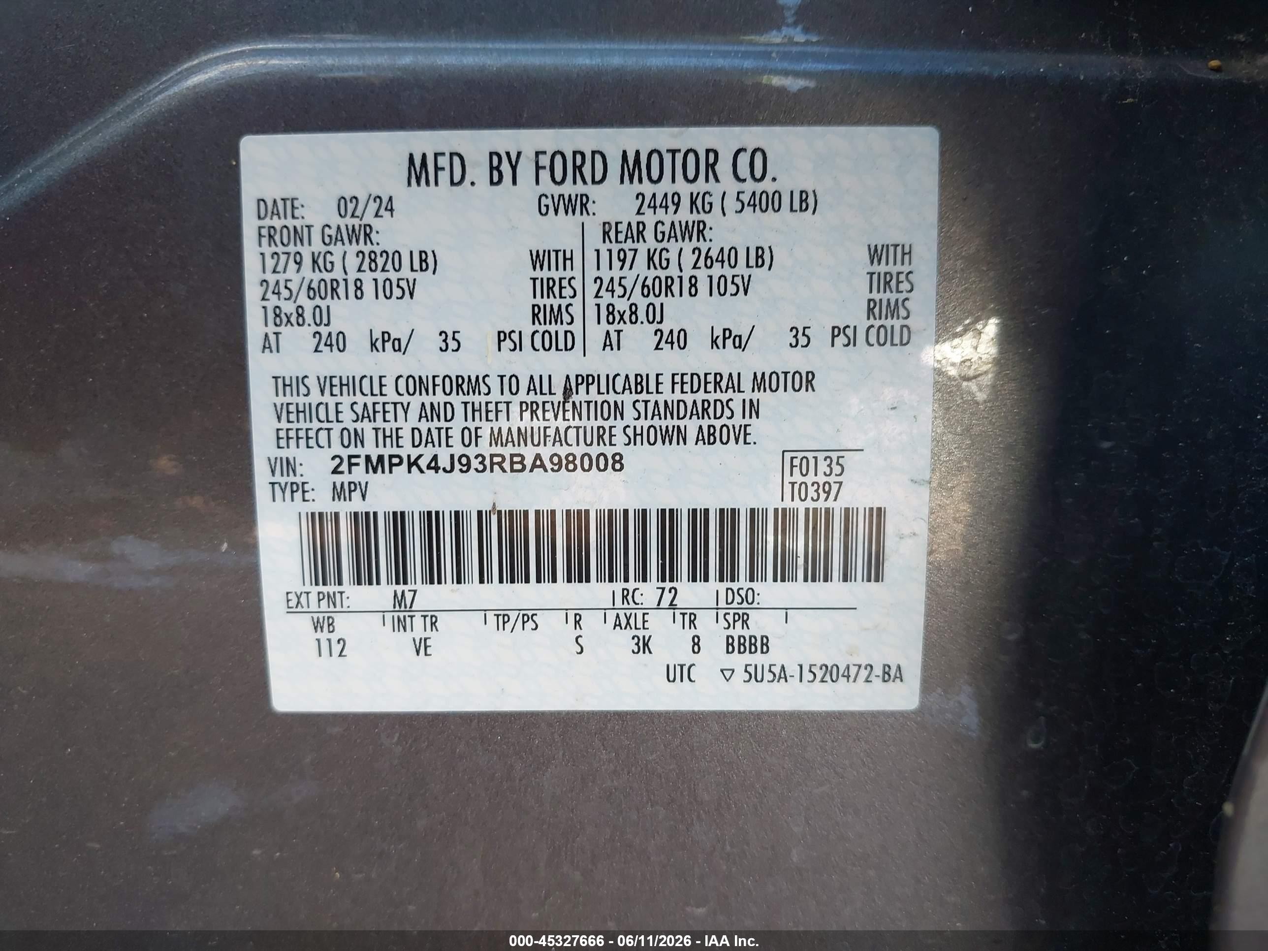 2024 Ford Edge Sel Серый vin: 2FMPK4J93RBA98008