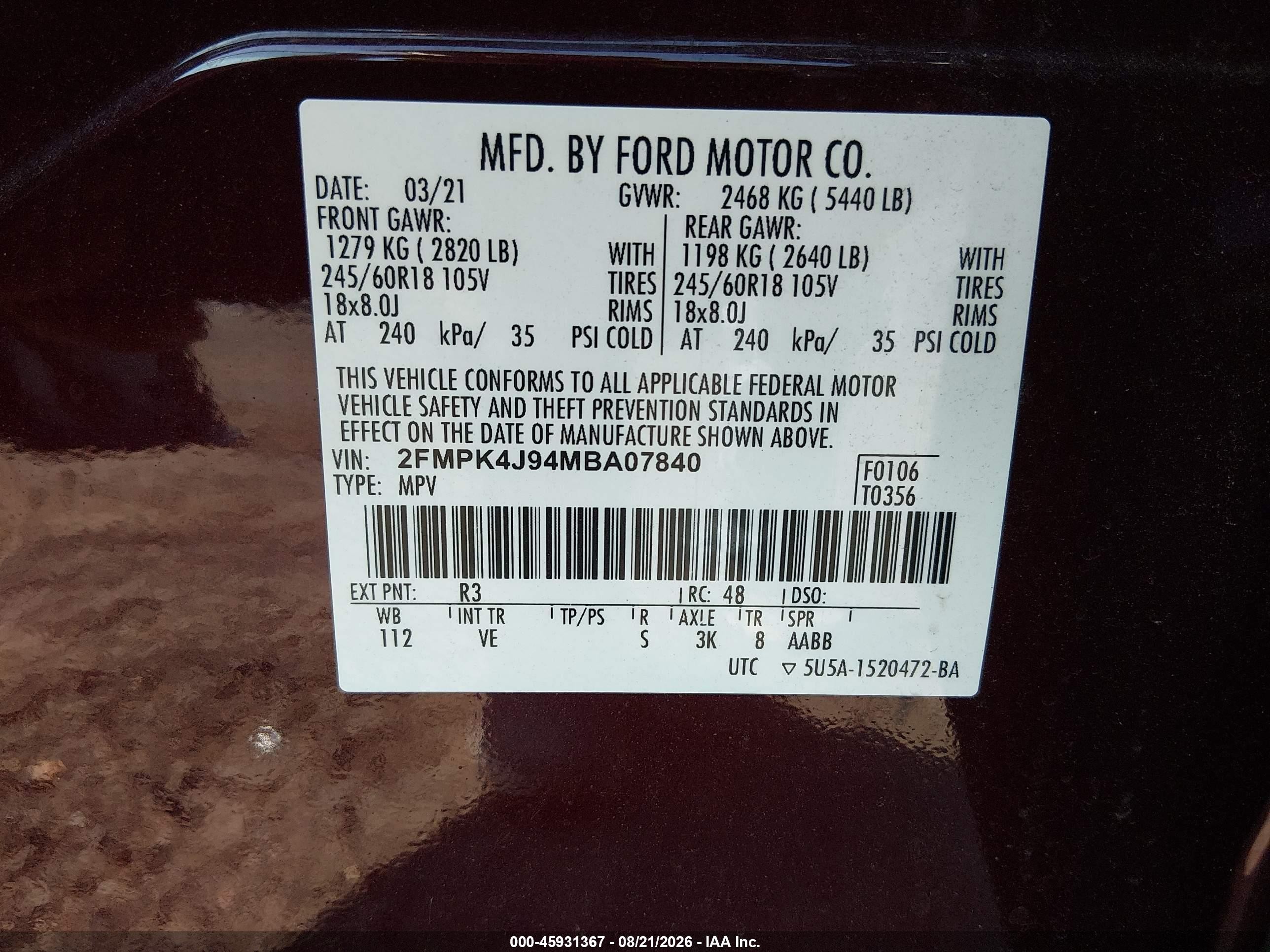 2021 Ford Edge Sel Burgundy vin: 2FMPK4J94MBA07840