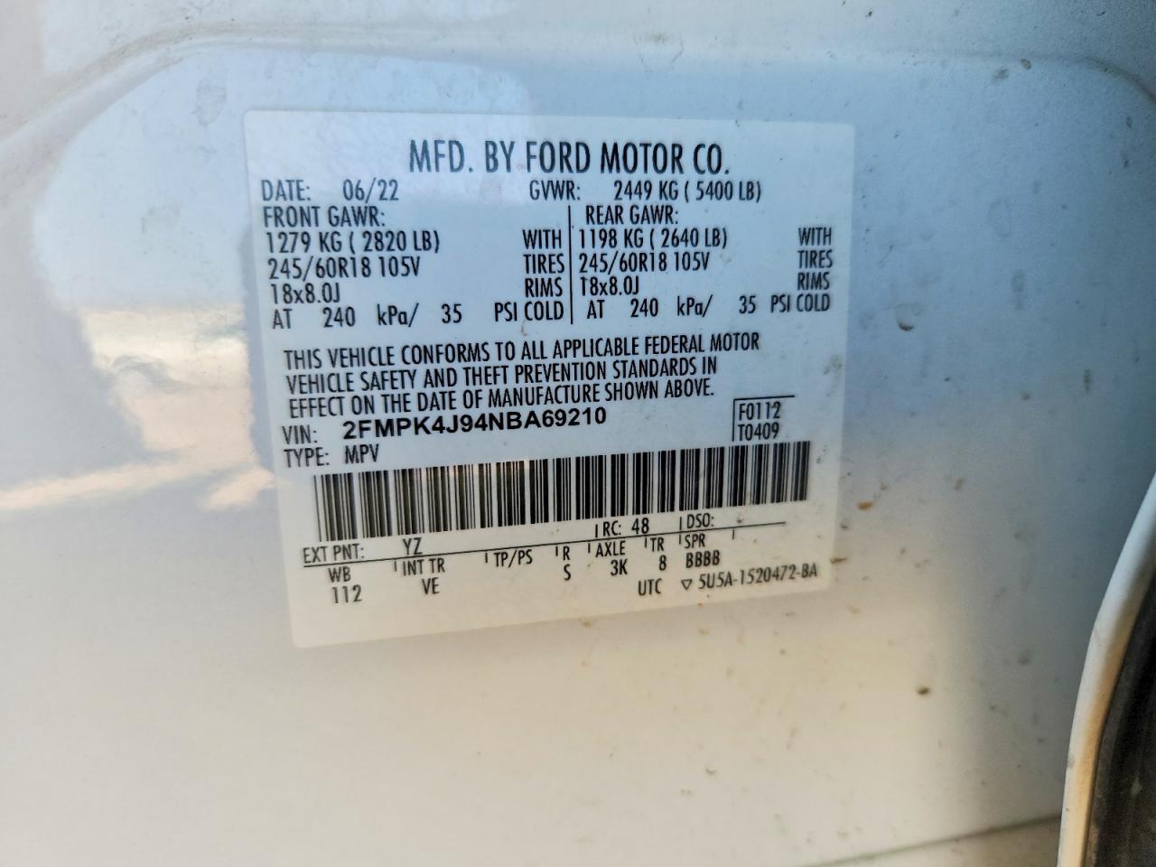 2022 Ford Edge Sel White vin: 2FMPK4J94NBA69210