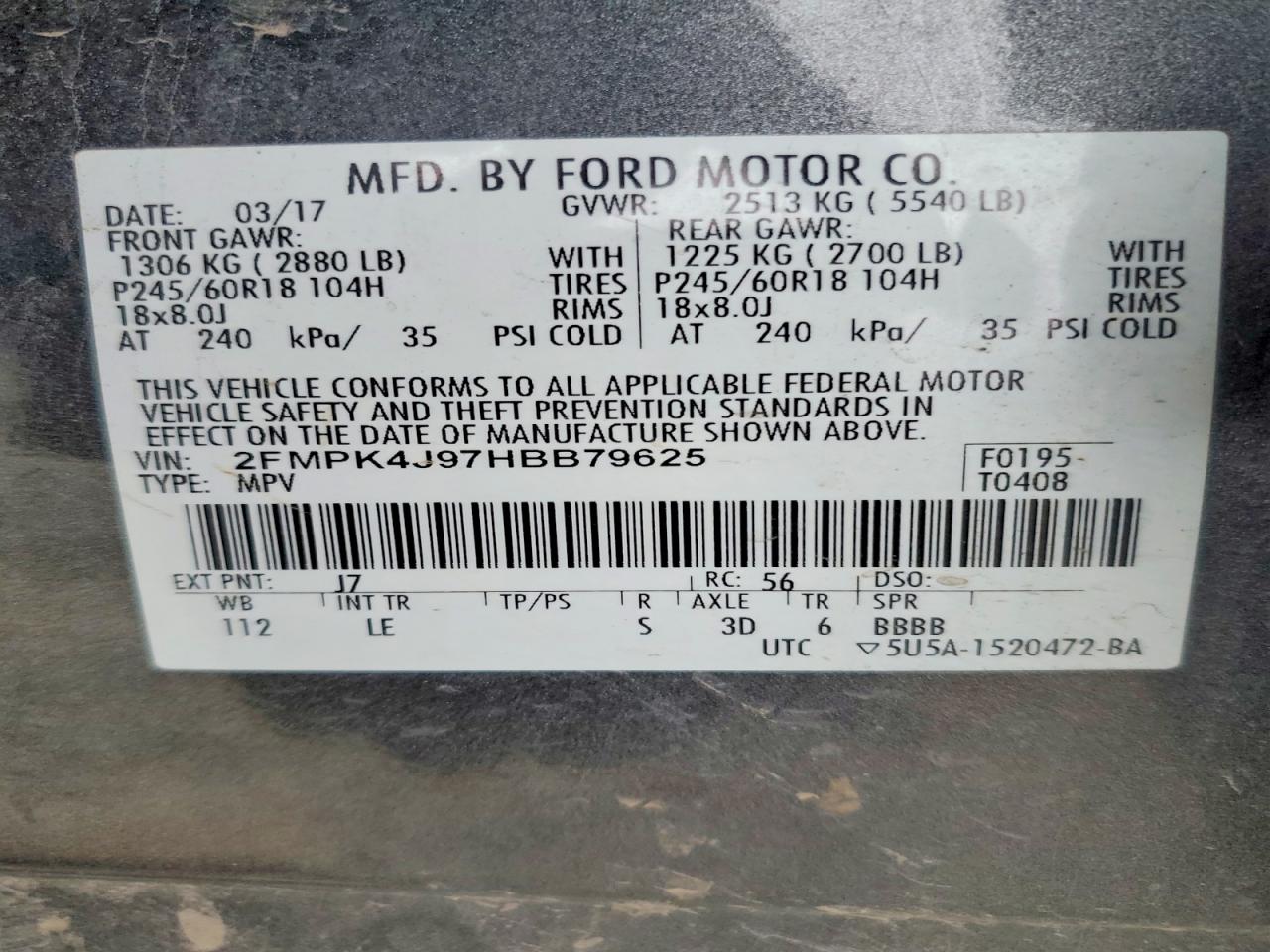 2017 Ford Edge Sel Charcoal vin: 2FMPK4J97HBB79625