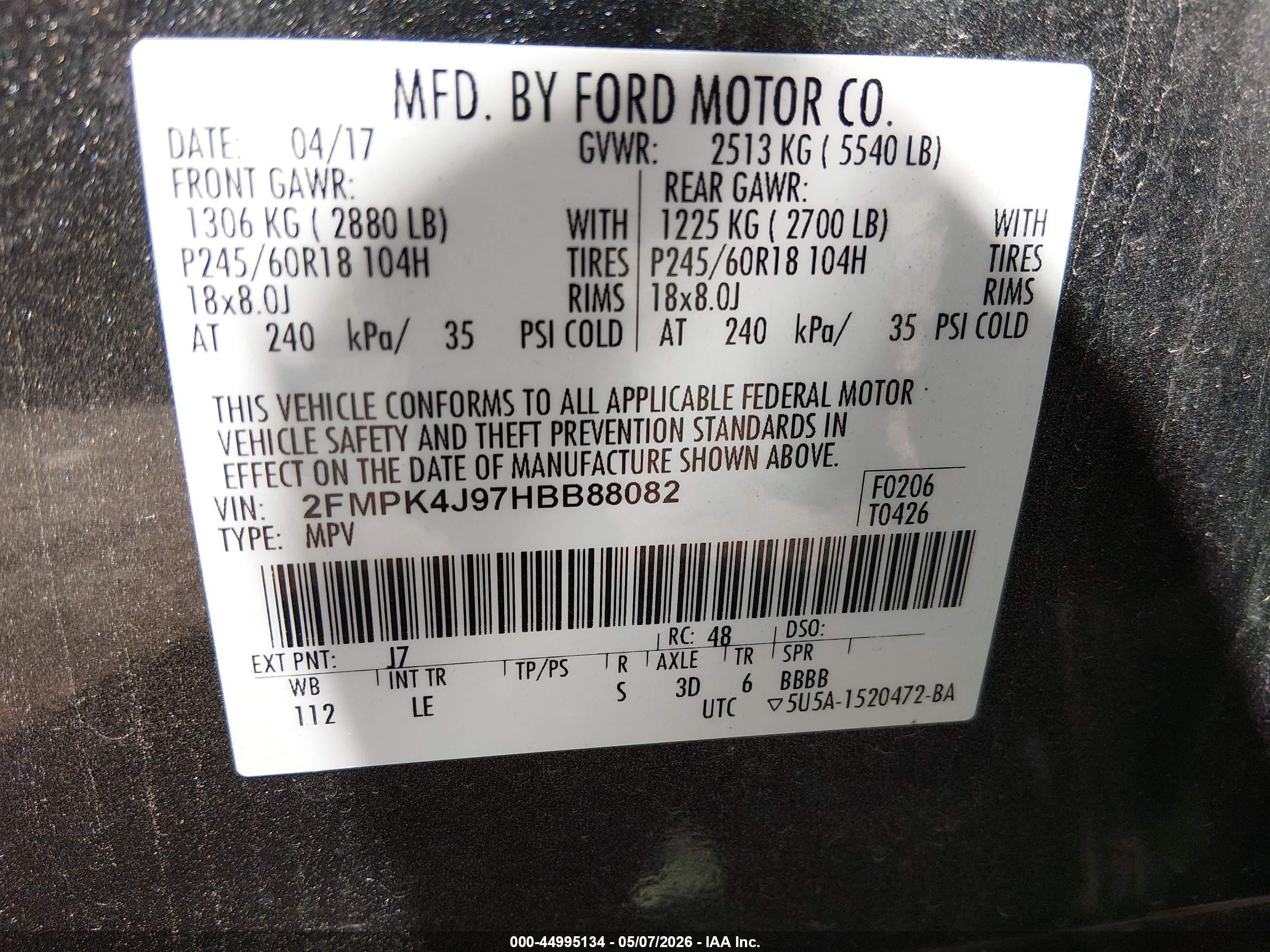 2017 Ford Edge Sel Серый vin: 2FMPK4J97HBB88082