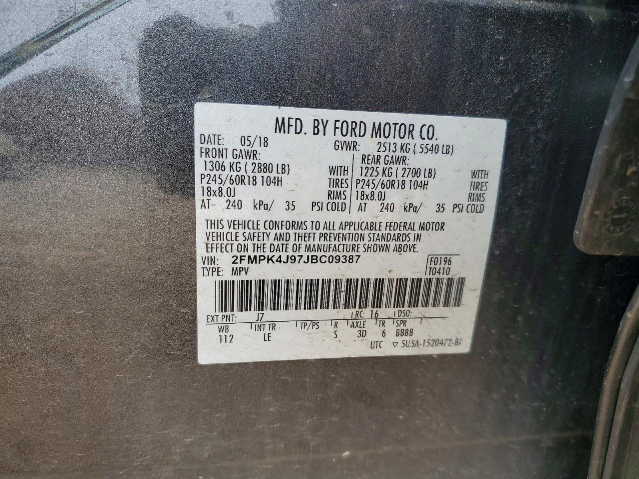 2018 Ford Edge Sel Gray vin: 2FMPK4J97JBC09387