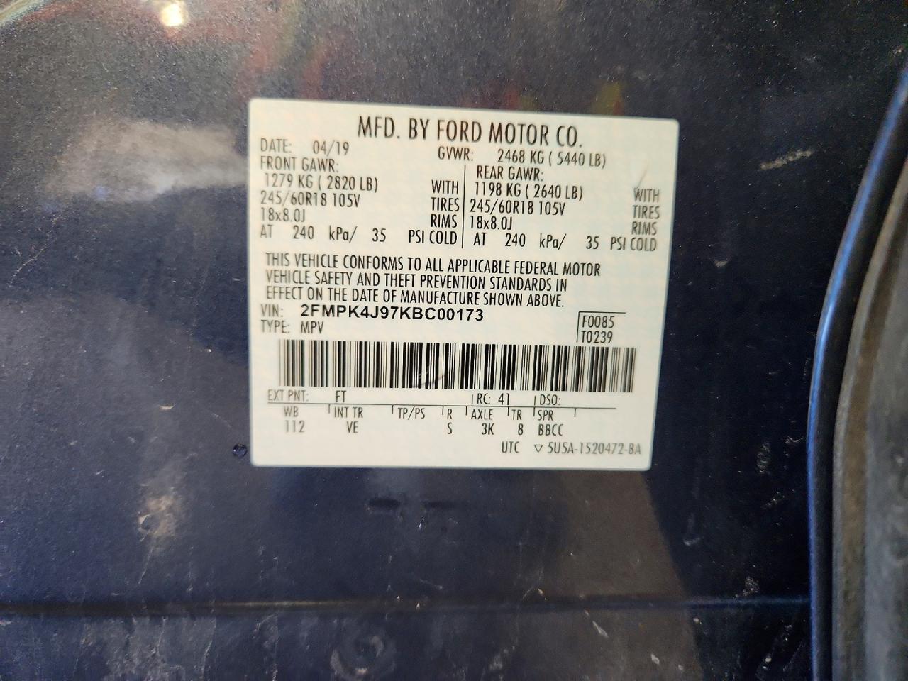 2019 Ford Edge Sel Синий vin: 2FMPK4J97KBC00173