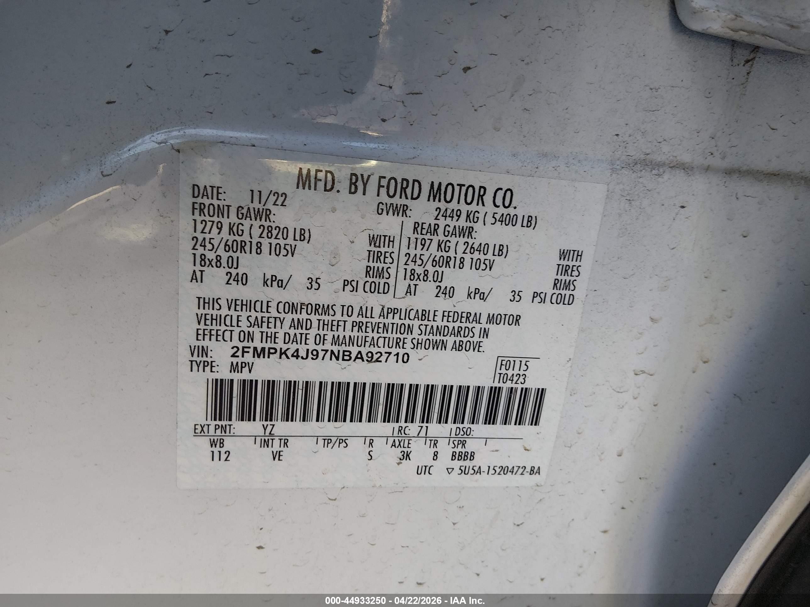2022 Ford Edge Sel White vin: 2FMPK4J97NBA92710