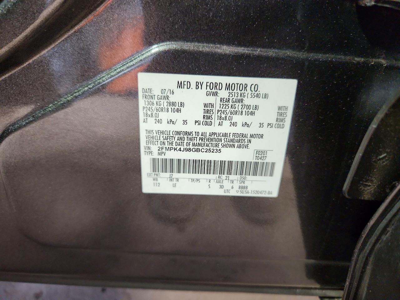 2016 Ford Edge Sel Charcoal vin: 2FMPK4J98GBC25235
