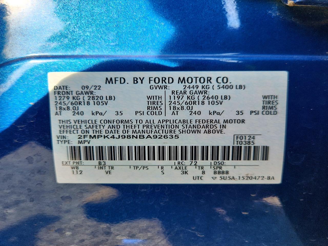 2022 Ford Edge Sel Blue vin: 2FMPK4J98NBA92635