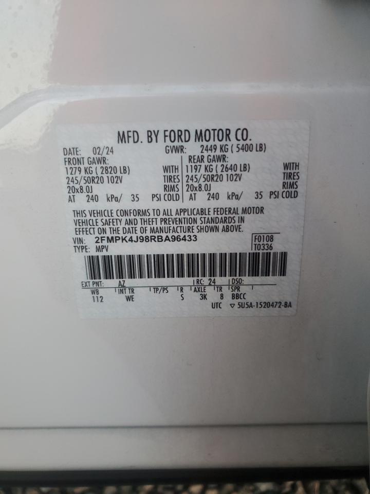 2024 Ford Edge Sel Белый vin: 2FMPK4J98RBA96433