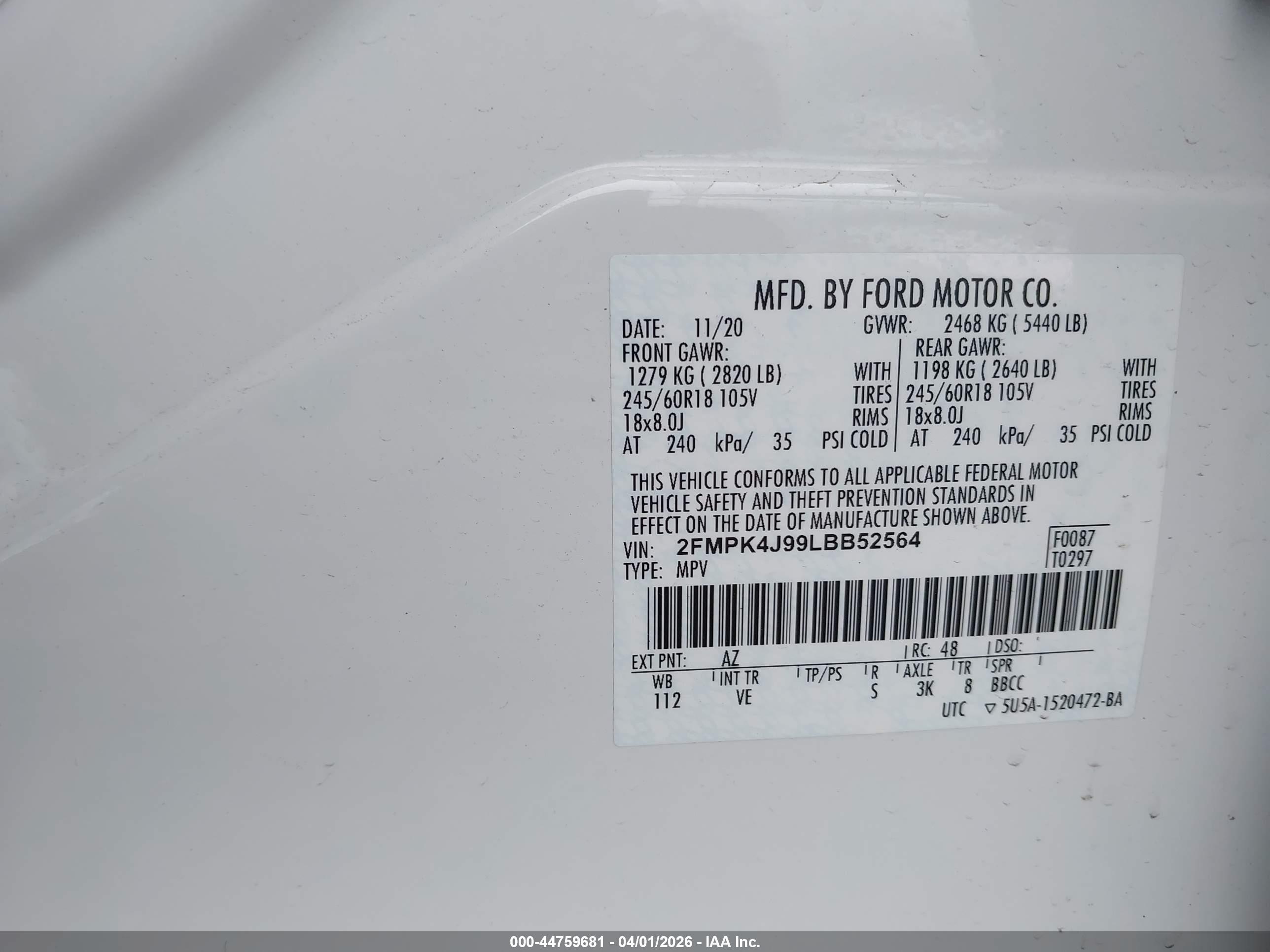 2020 Ford Edge Sel Белый vin: 2FMPK4J99LBB52564