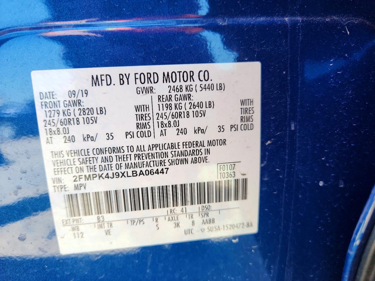 2020 Ford Edge Sel Blue vin: 2FMPK4J9XLBA06447