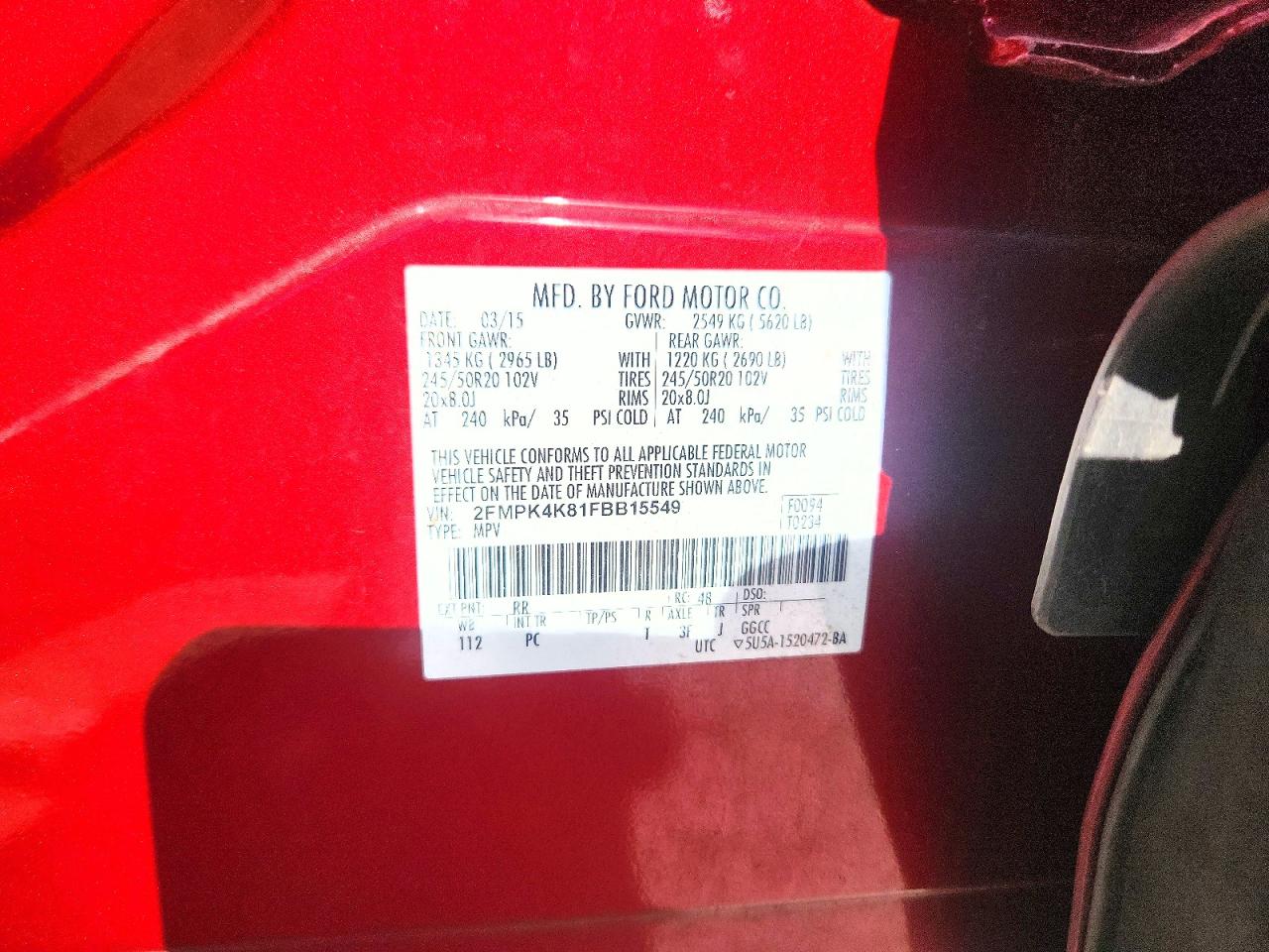 2015 Ford Edge Titanium Red vin: 2FMPK4K81FBB15549