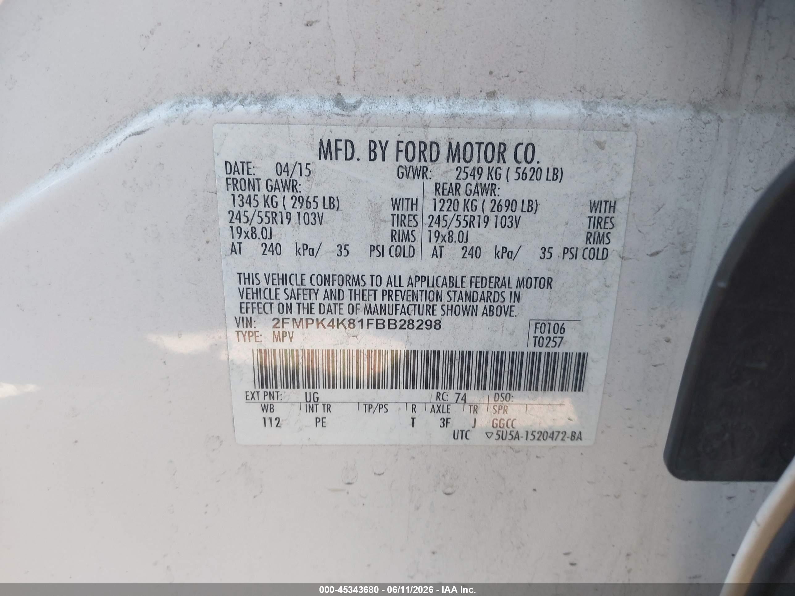 2015 Ford Edge Titanium White vin: 2FMPK4K81FBB28298