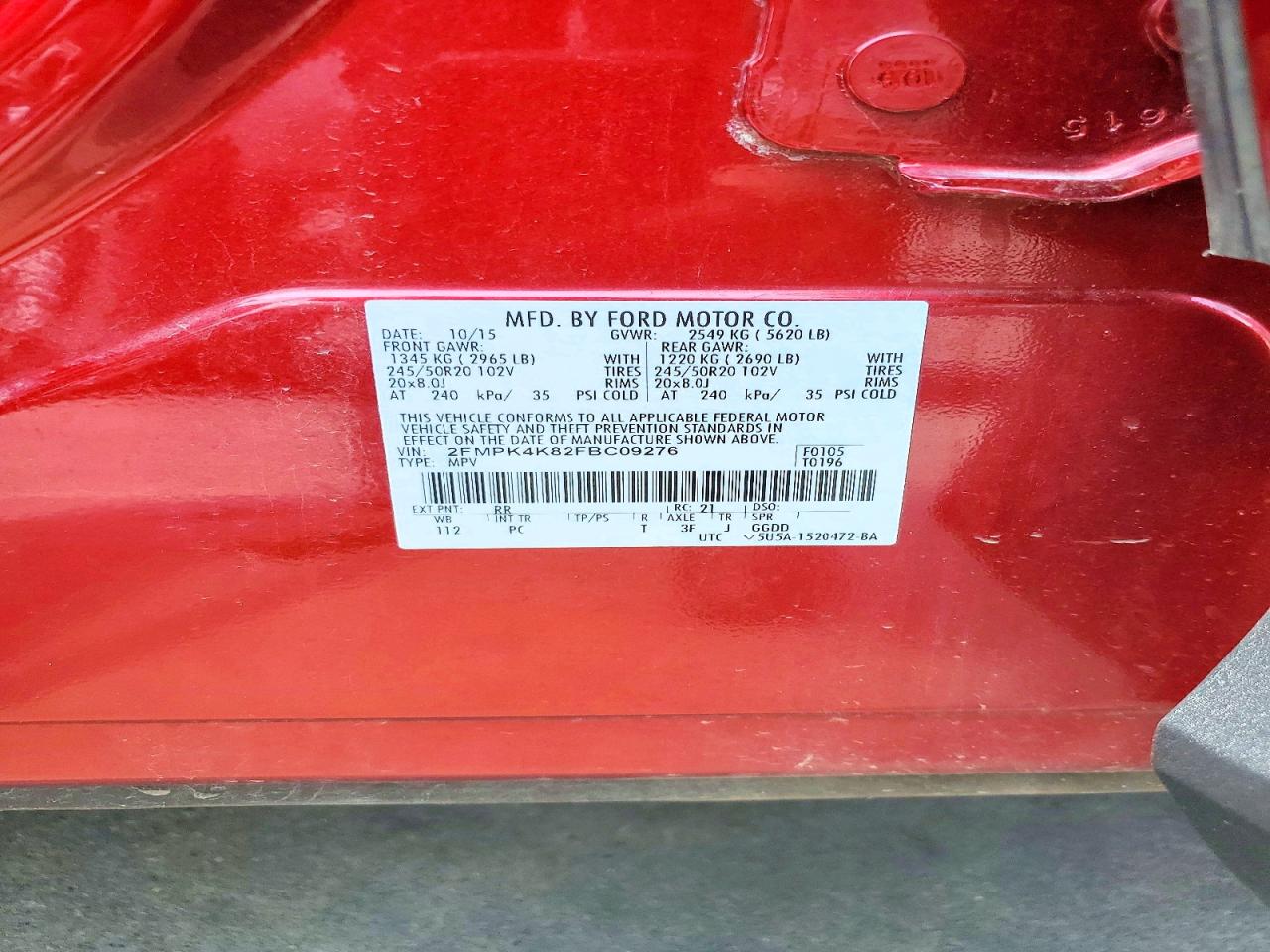 2015 Ford Edge Titanium Red vin: 2FMPK4K82FBC09276